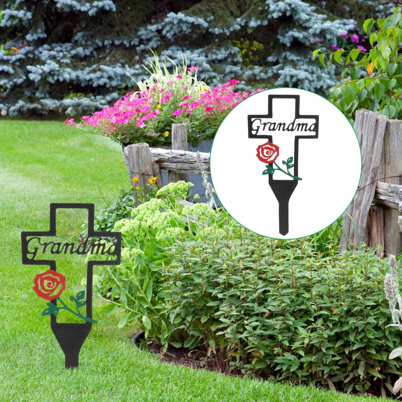 Yardwe Grandma Memorial Cross Cemetery Decorations for Grave Metal Marker Stake for Humans Outdoor Garden Yard Remembrance Sign Graveside Decoration Plaque with Rose