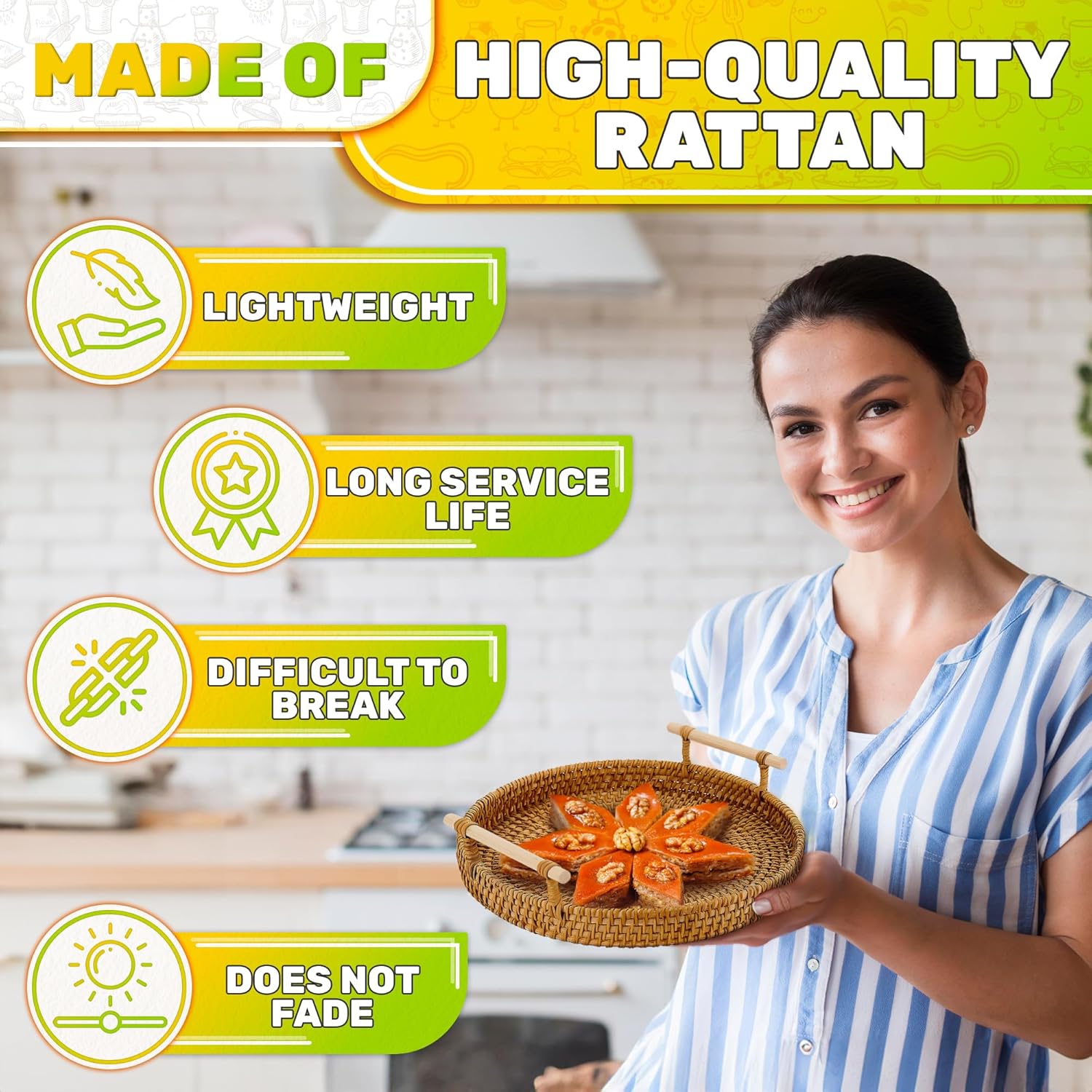 Round Rattan Tray 8.7Inch - Handwoven Wicker Tray with Strong Base, Cute Country Style Design, Easy to Clean - Wicker Trays for Decor, Coffee Table, Fruits, Vegetables, Bread, Restaurant & Kitchen Use - Image 3