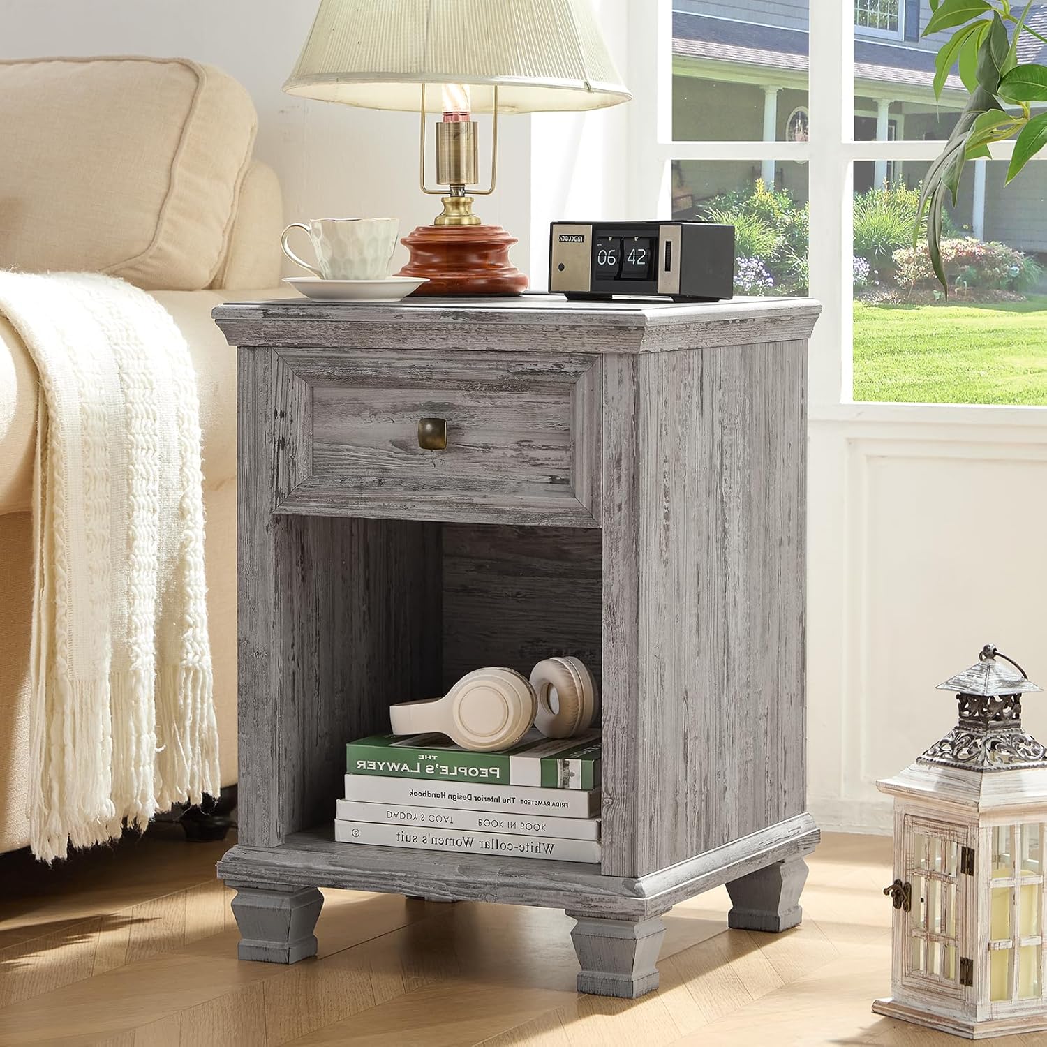 SAVOR LIFE Farmhouse Side Table with Charging Station, Rustic Wood End Table with Drawer, Small Nightstand with Open Shelf for Bedroom, End Tables for Living Room, Grey
