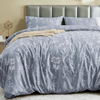 MUXHOMO Duvet Cover King Size, Reversible Floral Grey Duvet Cover Set with Zipper Closure, 3 Pieces Botanical Patterns Soft Microfiber Bedding Set (90"x104", 2 Pillow Cases 20"×36")