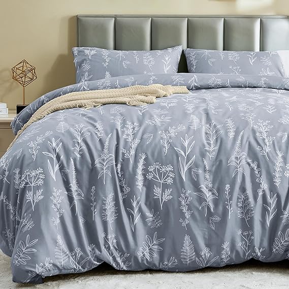 MUXHOMO Duvet Cover King Size, Reversible Floral Grey Duvet Cover Set with Zipper Closure, 3 Pieces Botanical Patterns Soft Microfiber Bedding Set (90"x104", 2 Pillow Cases 20"×36")