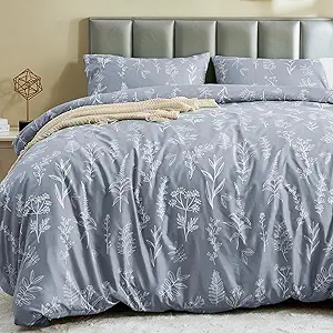 MUXHOMO Duvet Cover King Size, Reversible Floral Grey Duvet Cover Set with Zipper Closure, 3 Pieces Botanical Patterns Soft Microfiber Bedding Set (90"x104", 2 Pillow Cases 20"×36")