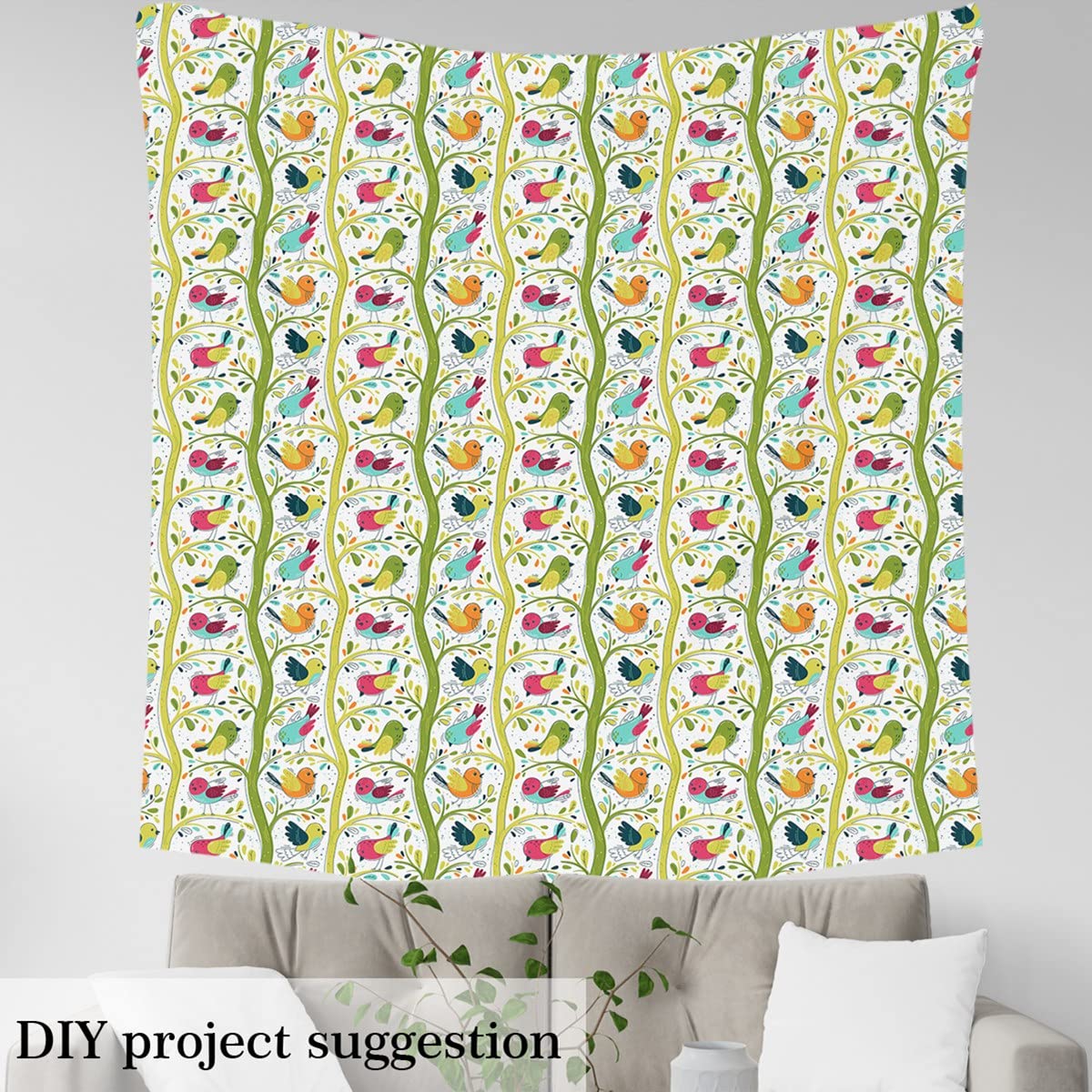 Tissu d'ameublement imperméable à l'aquarelle oiseau au mètre - Motif graffiti mignon - Oiseaux de dessin animé - Tissu d'ameublement pour loisirs créatifs, matelassage, couture, 2,7 m