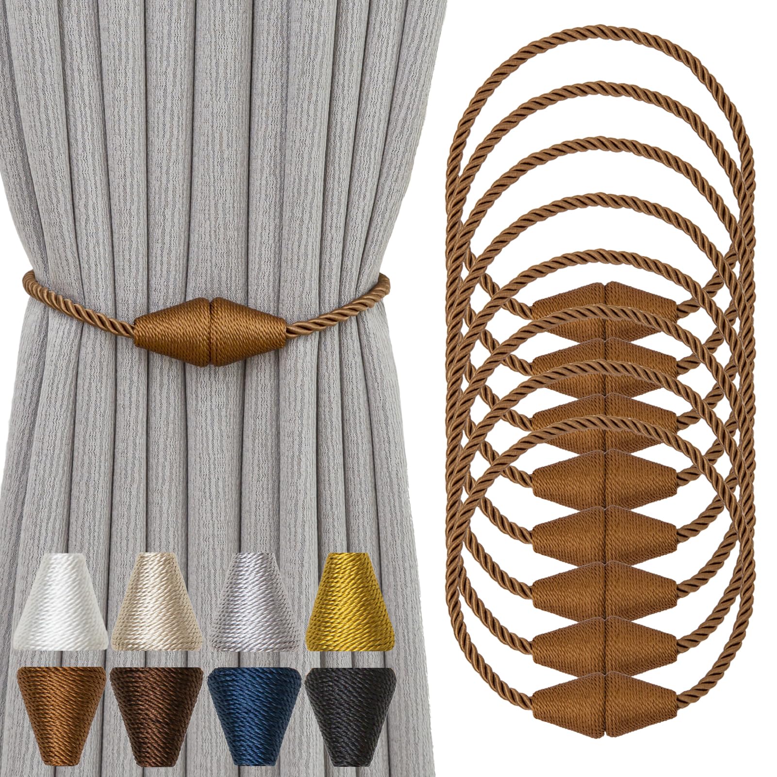 Contoeey Magnetic Curtain Tiebacks 8 Pack Outdoor Rope Curtain Tie Backs Decorative Window Treatment Holdbacks for Home Decorative Curtain, Khaki