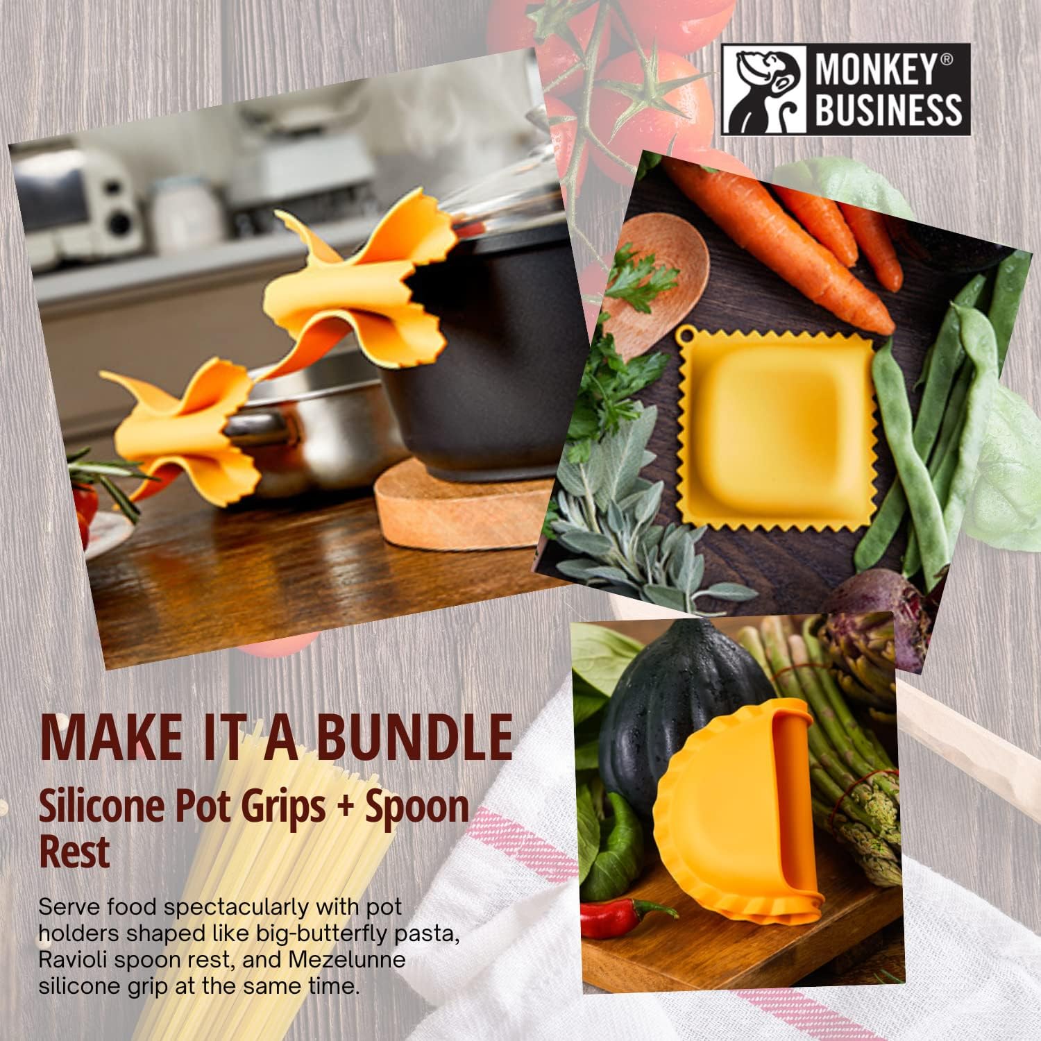 Farfalloni-Shaped Potholders | Potholders for Kitchen Cookware + Ravioli-Shaped Spoon Rest for Kitchen Counter + Mezzelune-Shaped Silicone Potholder | Kitchen Gadgets by Monkey Business