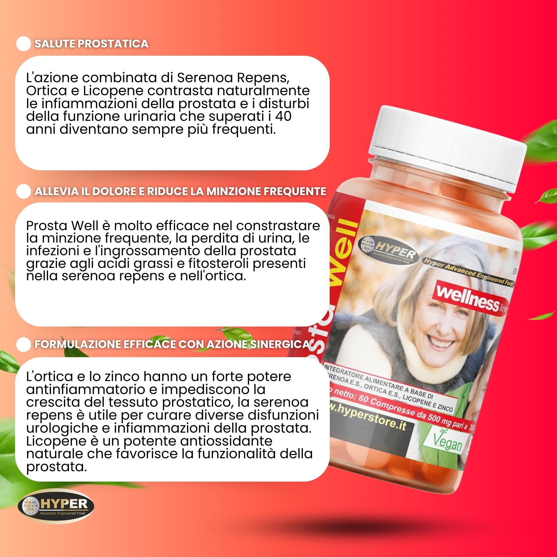 Hyper Integratore Alimentare Prostata Benessere Salute Favorisce la Funzionalità della Prostata e delle Vie Urinarie con Serenoa Repens Saw palmetto Ortica Licopene Rimedio Naturale 60 Compresse