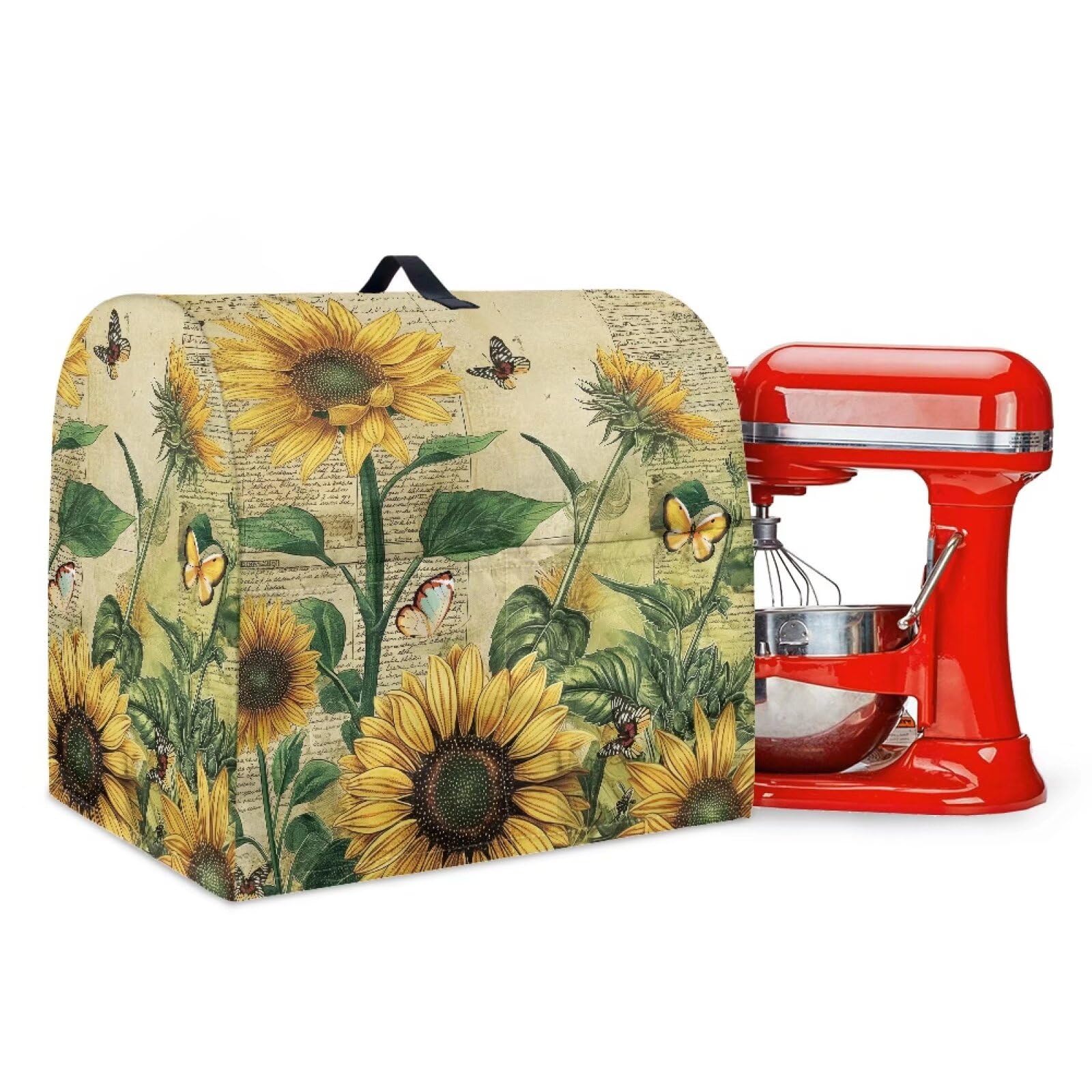 Talayituse Sunflower Butterfly Letter Print Mixer Cover with Handle for Kitchen Aid Mixers, Folding Stand Mixer Cover Compatible with 4.5-5 Quart Stand Mixer Kitchen Accessories with Pockets, Small
