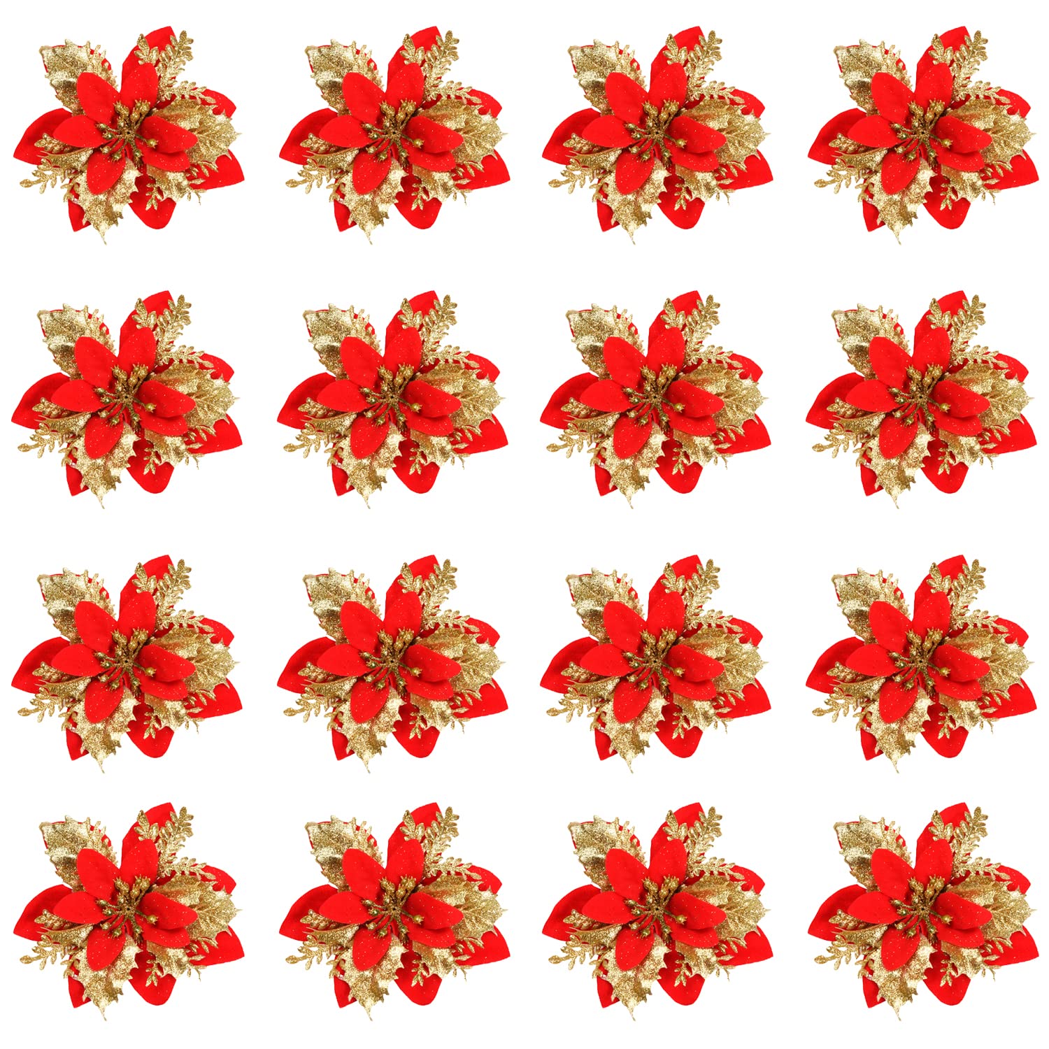 Euvoym 16 Pieces Red Glitter Christmas Flowers Christmas Large Poinsettia Glitter Flower Christmas Tree Flower Decorations Xmas Tree Ornaments (Red)