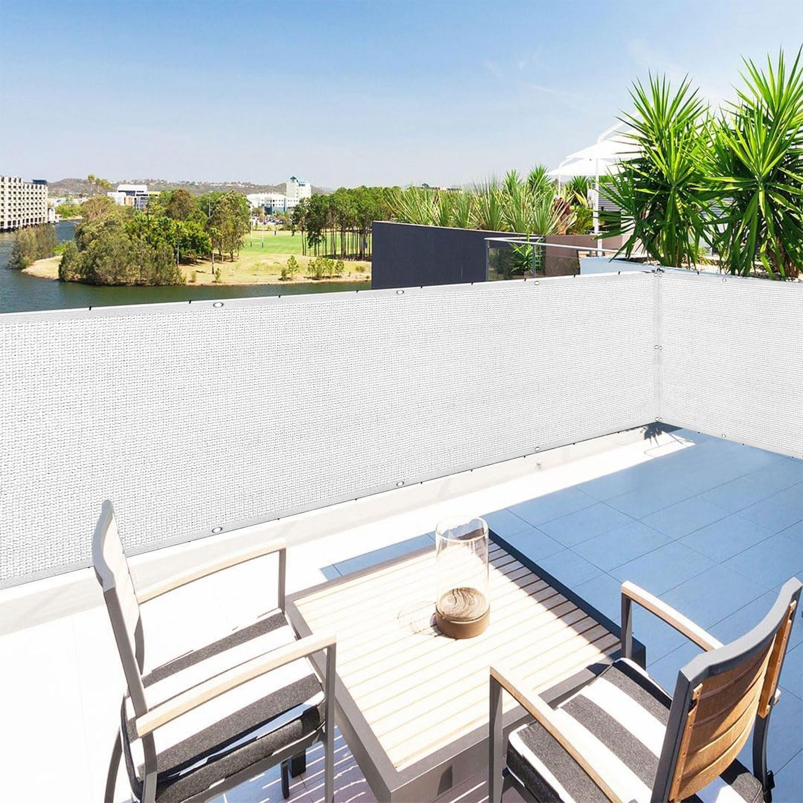 Osłona Ekranu Chroniąca Balkon 170 x 275 cm Słoneczny Wiatr Ogrodzenie Z Siatki Przeciwwiatrowej Bez Wiercenia, Z Liną I Oczkami Do Ogrodu, Płotu, Tarasu, Biały