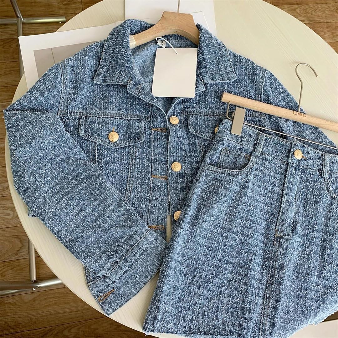 Women Two Piece Set Denim Jacket Irregular Skirt Casual Outfit