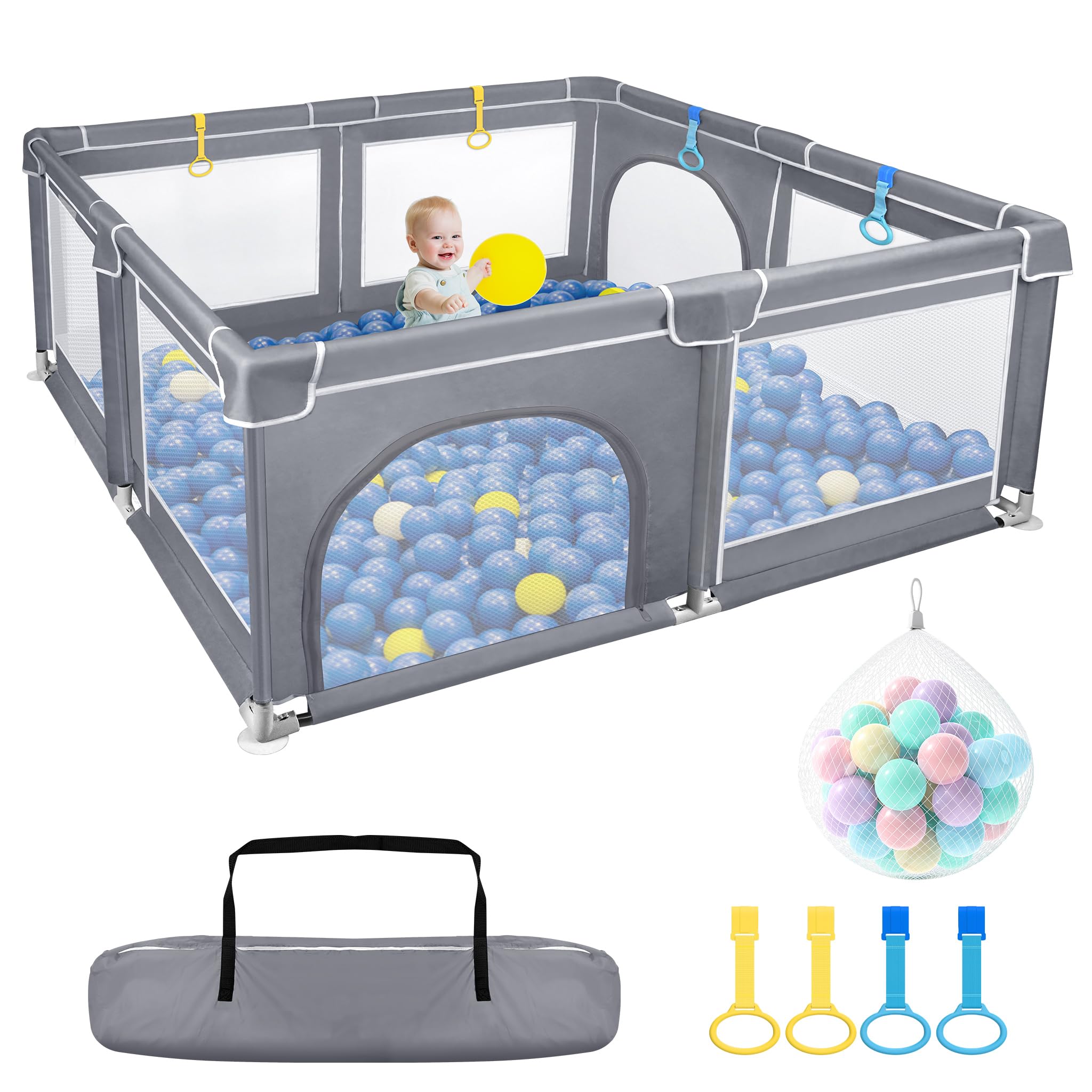 Froadp Baby Laufstall, Faltbare Kinder Laufgitter & -ställe, Babyzaun Absperrgitter mit Atmungsaktivem Netz und 50 Kugeln, Mobile Krabbeln Playpens,Bällebad für Kinder Baby,Dunkelgrau,180x150x68cm