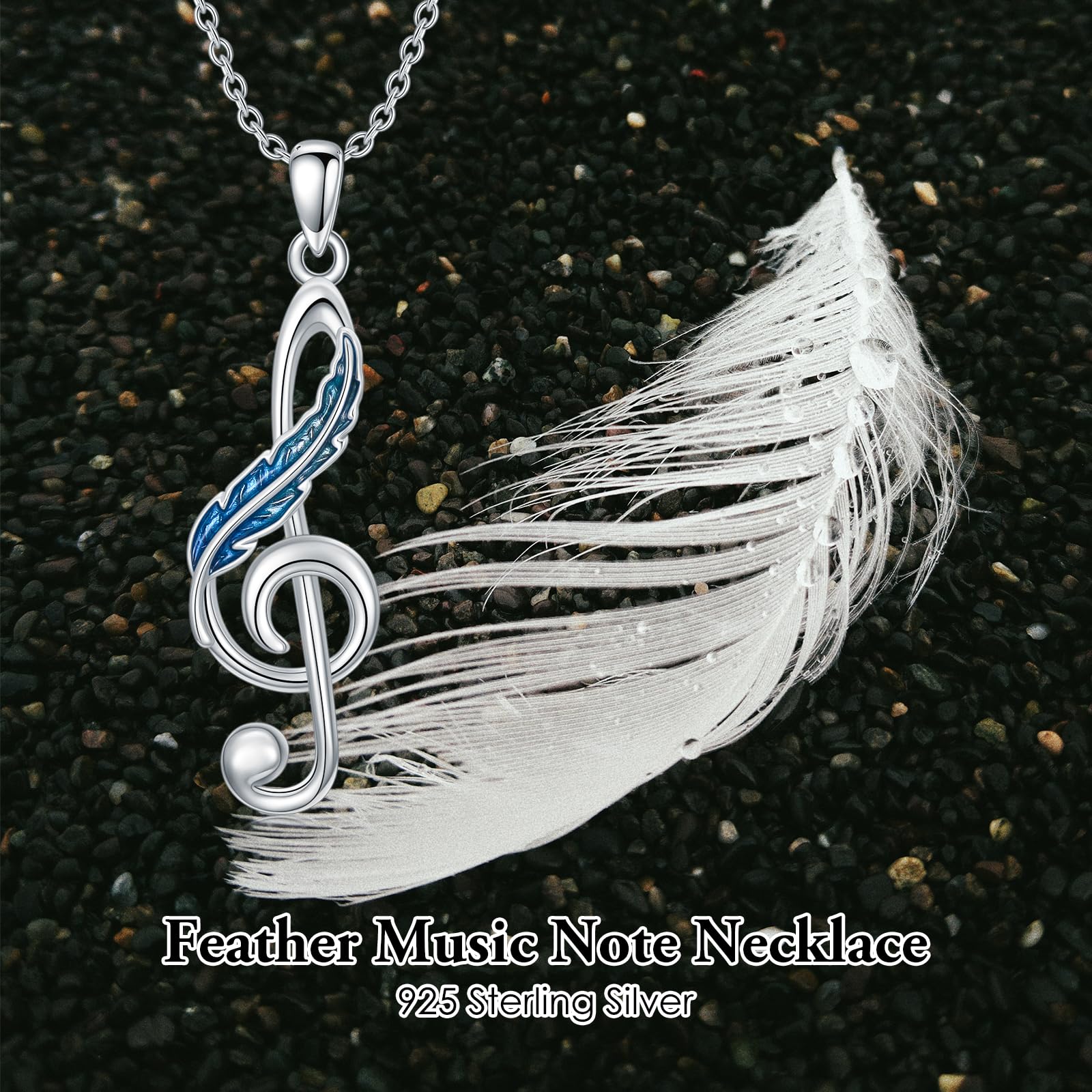 Collana con note musicali in argento Sterling con piuma e chiave di violino