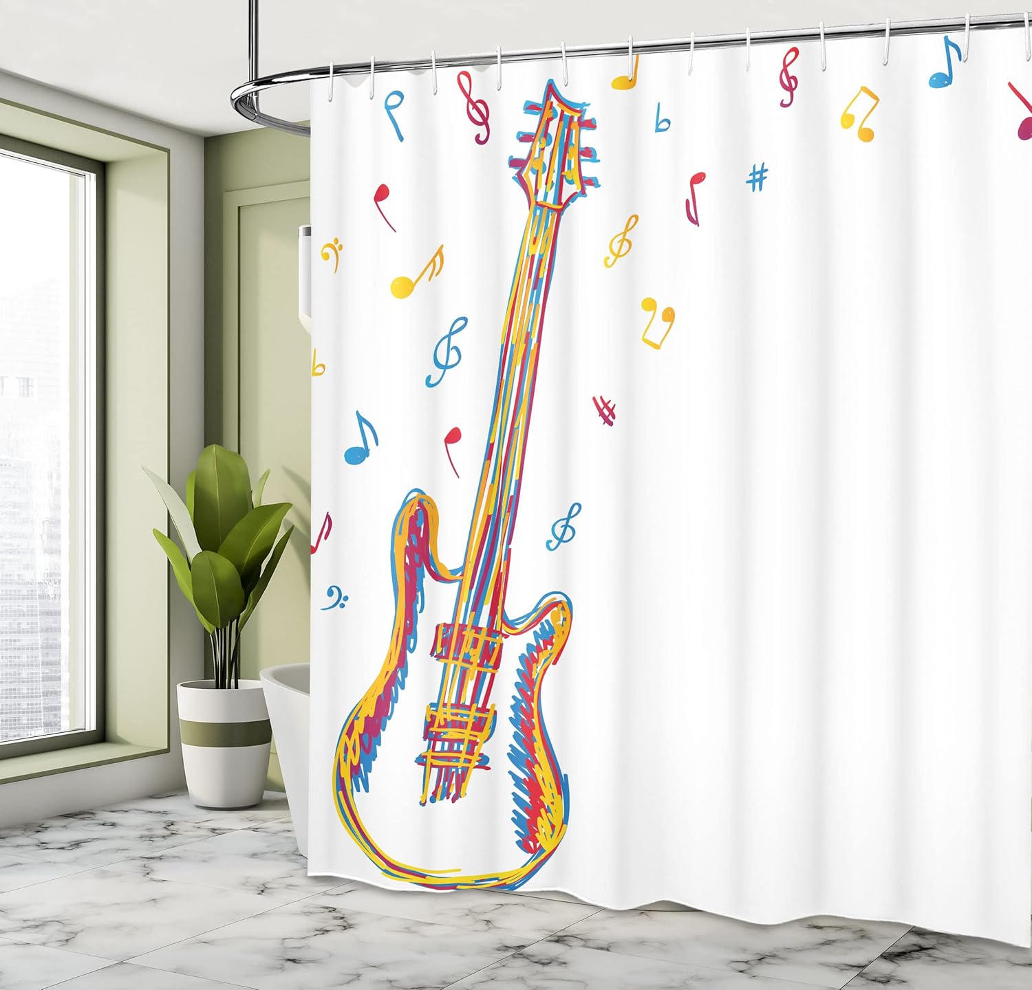 Ambesonne Music Shower Curtain, Doodle Style Illustration of Guitar Instrument with Musical Notes Hand Drawn Art, Cloth Fabric Bathroom Decor Set with Hooks, 69" W x 75" L, Blue Red Yellow
