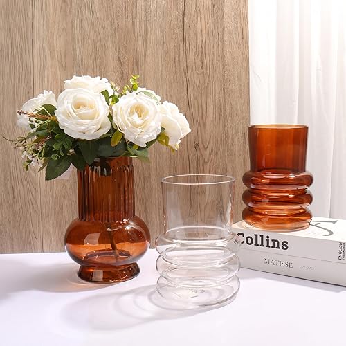 Miniatura 4 de Jarrón de vidrio acanalado marrón, 7 x 3.5 pulgadas grueso moderno florero acanalado arreglo hidropónico para el hogar, sala de estar, centros de