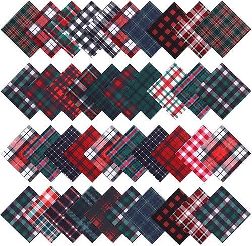 Preboun 100 piezas de tela escocesa de Navidad de 5 x 5 pulgadas, 25 estilos de tela cuadriculada, cuadrados, tela de poliéster, recortes de tela de