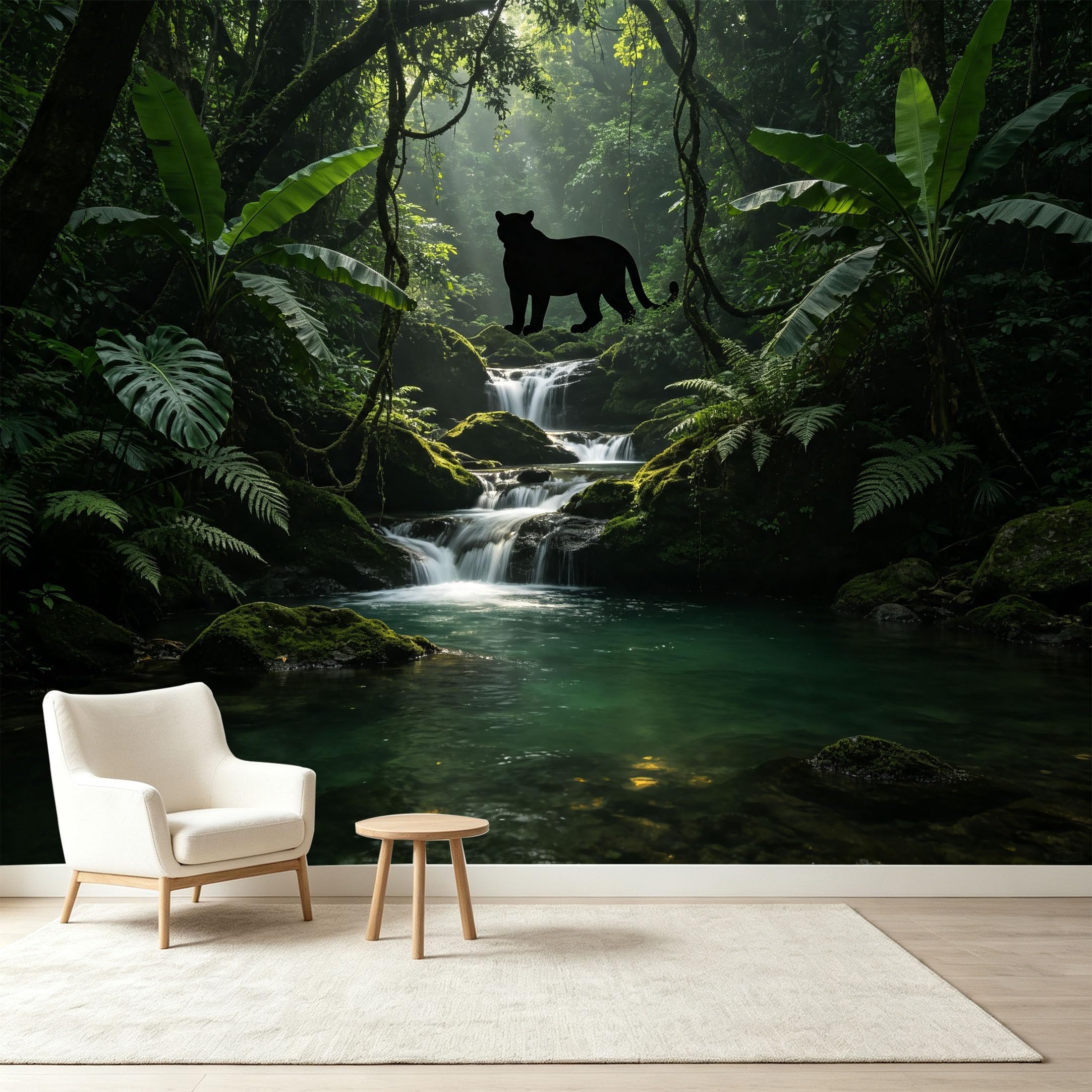 Custom Size Wall Murals Tropical Jungle Waterfall Panther Silhouette Self-Adhesive Wall Fabric Removable Wallpaper Wall Decor for Living Room Bedroom Bathroom