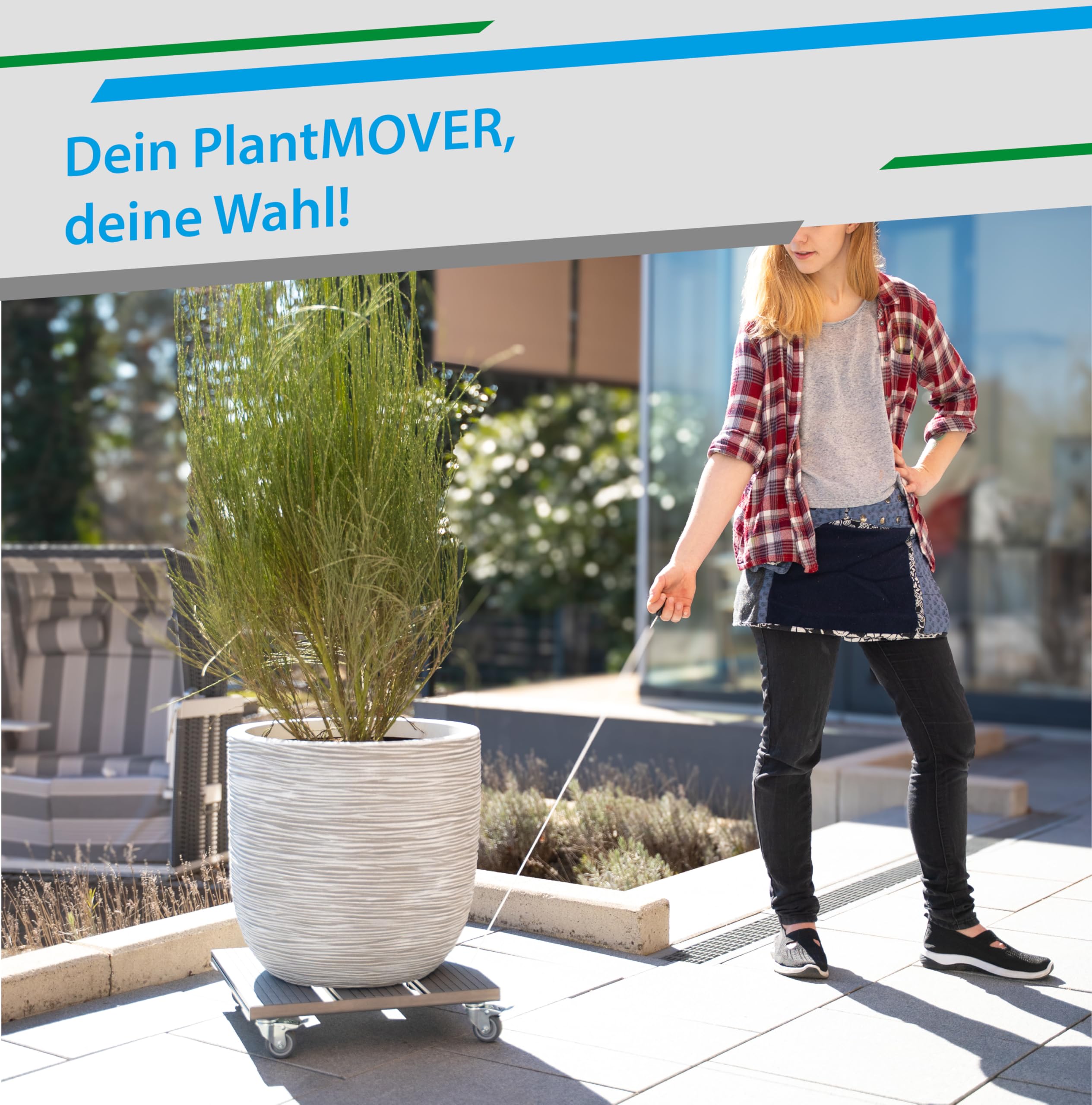 PlantMOVER Pflanzenroller mit Seilzug - 150kg Tragkraft 42x42cm – Edelstahl/WPC Pflanzenroller eckig mit robusten Rollen - Witterungsfestes Rollbrett für Pflanzen - Einfach ziehen, Made in Germany