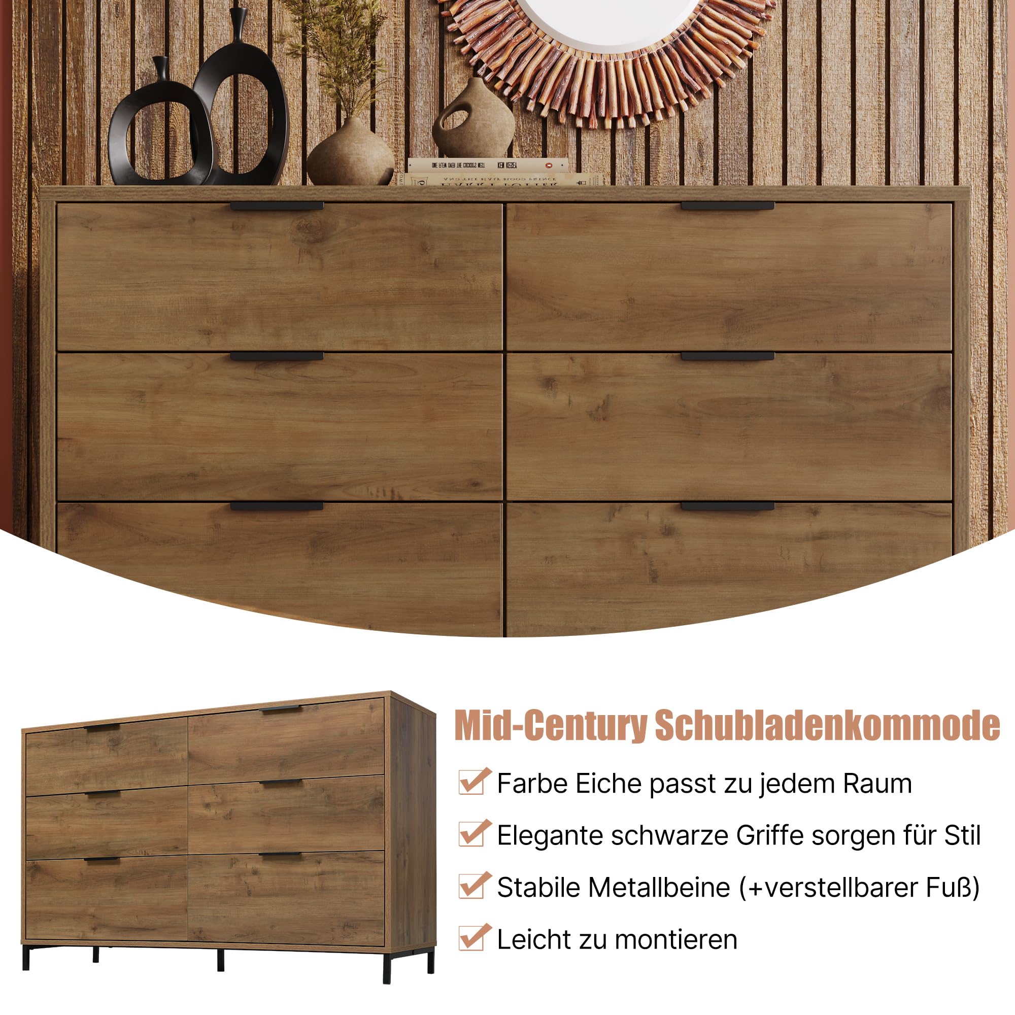 MURUL Cassettiera con 6 cassetti, credenza per camera da letto e tutti gli spazi abitativi, 120 x 40 x 76 cm, in rovere scuro (rovere scuro)
