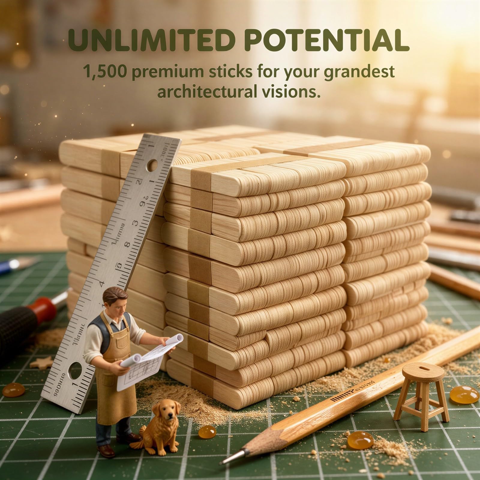 Lot de 1 500 bâtons en bois naturel, 4 tailles, bords lisses bruts, bois naturel, pour bricolage, modélisme, salle de classe et projets d'art à la maison