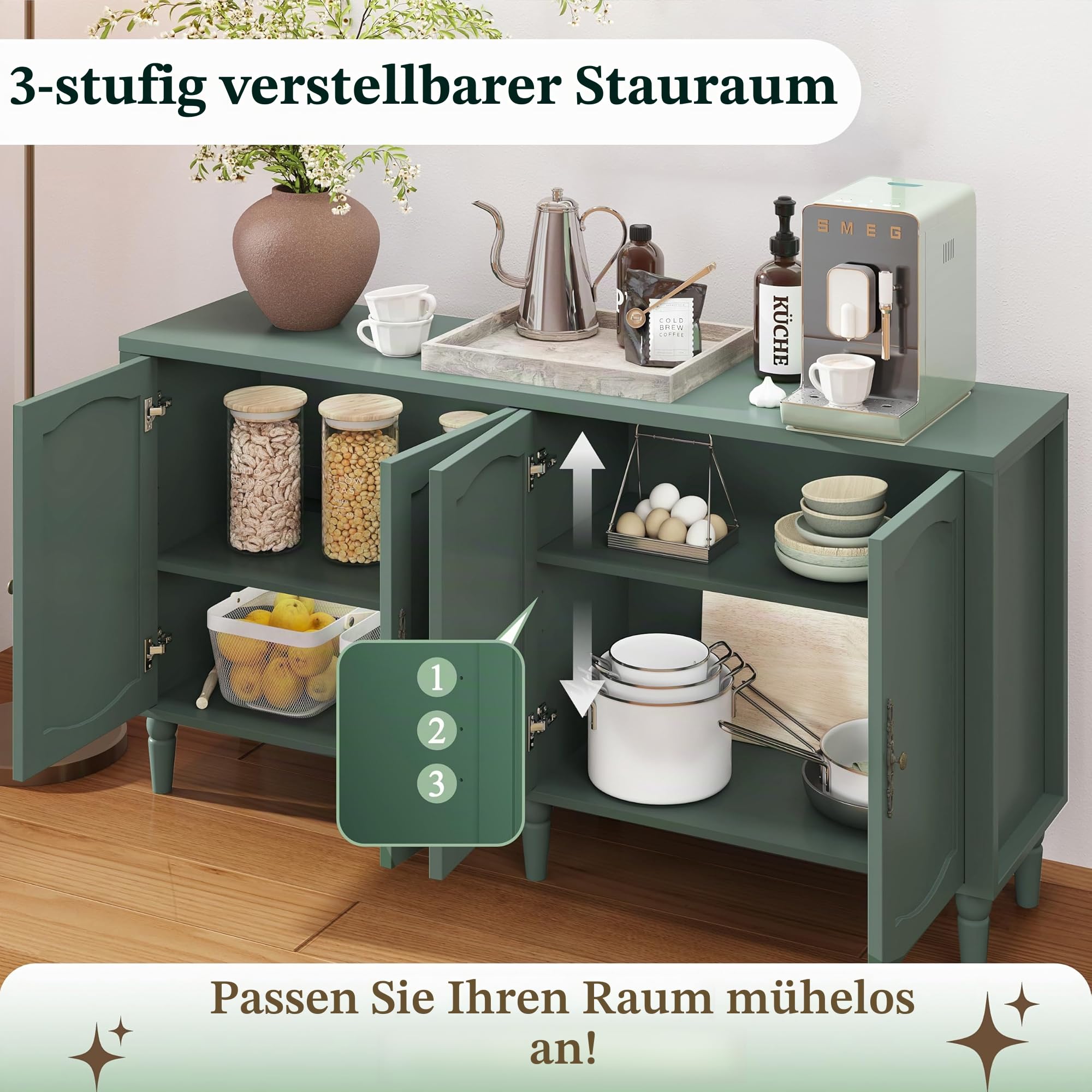 Sideboard 160cm Küchenschrank mit Arbeitsplatte und 4 Türen