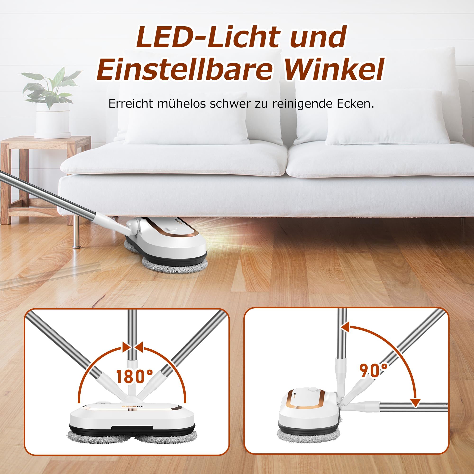 AlfaBot S2 Kabellos Elektrischer Mopp, bodenreiniger Spin Mop, Elektrischer Mop mit Sprühfunktion und LED, Bodenwischer zum Wischen, Schrubben und Polieren