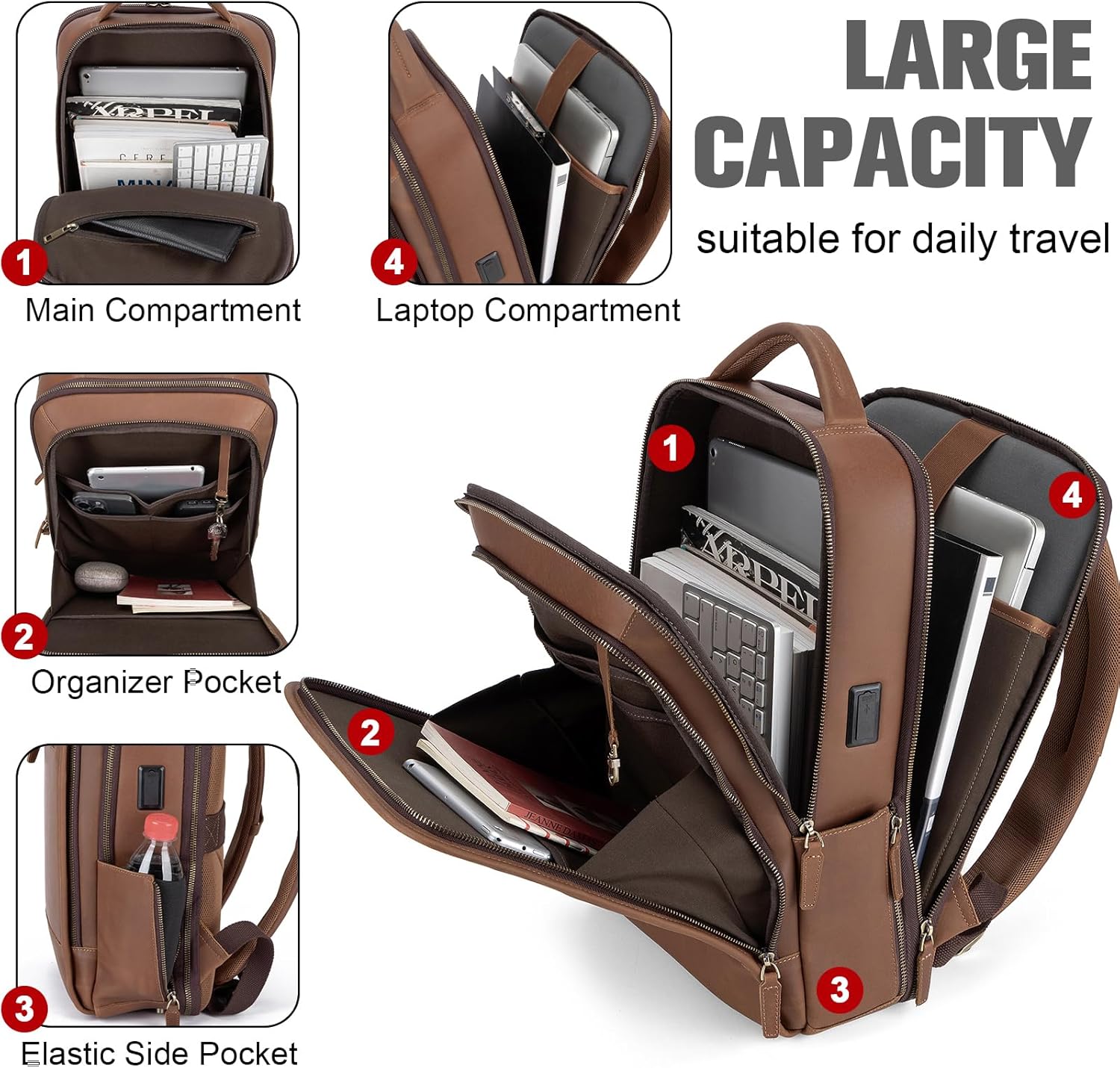 Tzowla Leather Laptop Backpack, Bag for Men and Women,Business Travel Work Rucksack Fits 15.6 Inch Laptop,Bookbag with USB and Type-C Charging Port-Black - Image 2