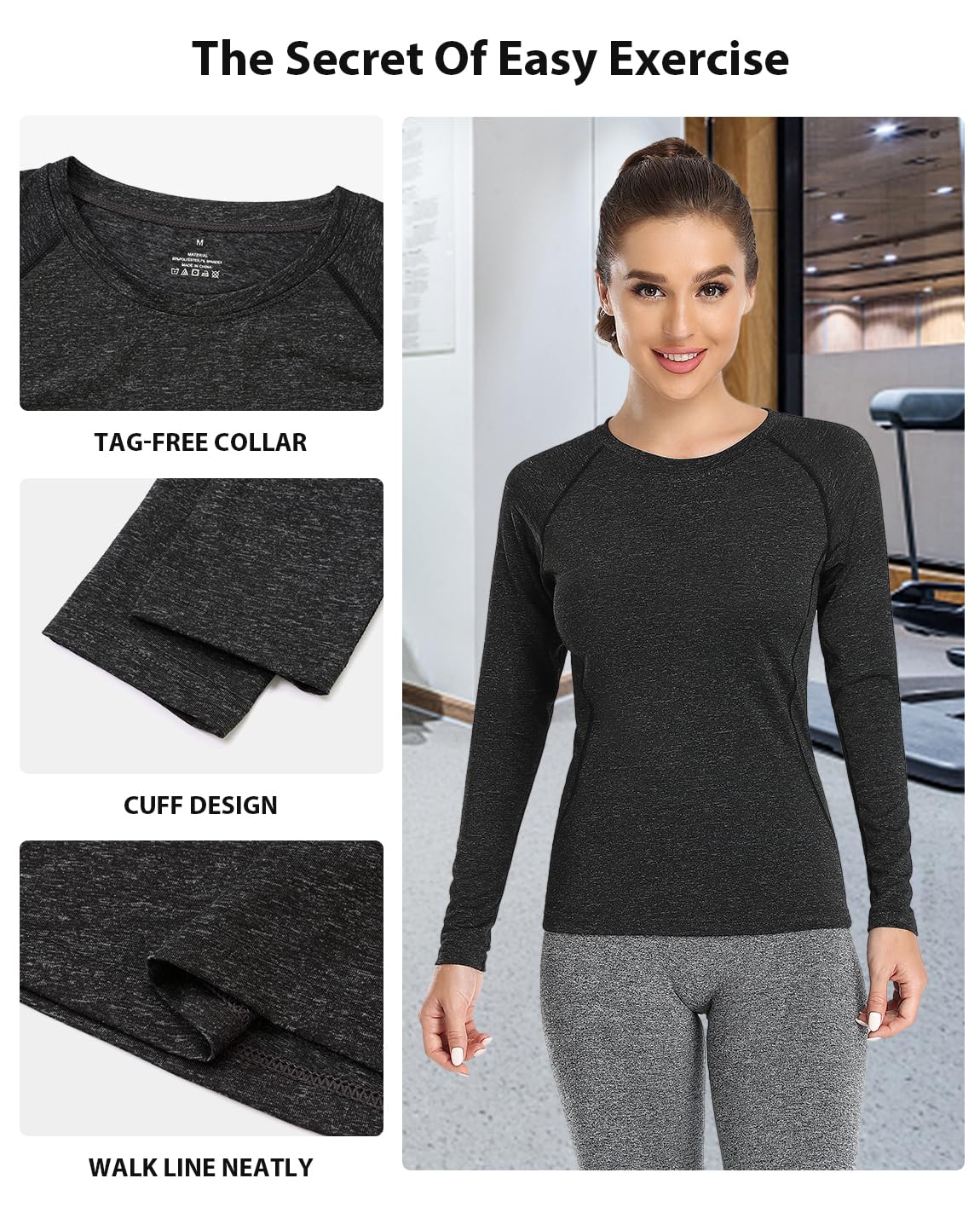 Ullnoy Paquete de 3 camisetas de gimnasio de manga larga para mujer, de secado rápido, transpirables, para yoga, deportes, cuello redondo, camiseta térmica