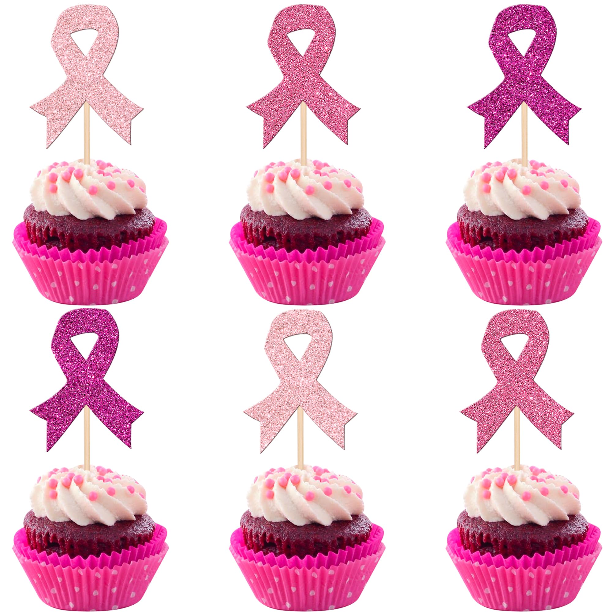 24 PCS Ribbon Breast Cancer Awareness Cupcake Toppers Glitter Pink Ribbon Fight Hope Believe Breast Cupcake Picks for Pink Ribbon Breast Cancer Party