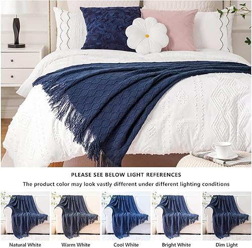 Miniatura 6 de BATTILO HOME Manta decorativa tejida de acrílico azul marino, ligera, suave, con flequillo, para silla, cama, sofá, viaje, pícnic, siesta, adecuada