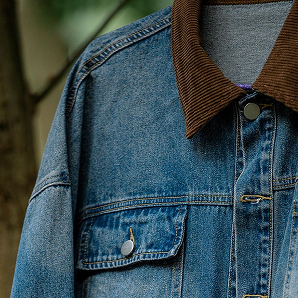 DGKaxiyaHM Men's Vintage Washed Denim Jacket Corduroy Collar
