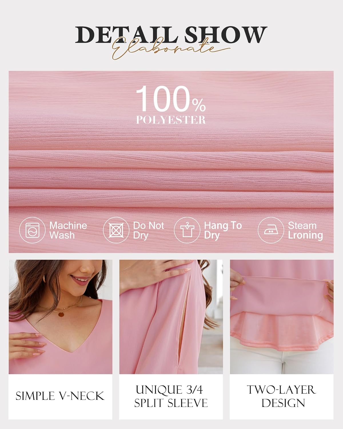 Bebonnie Womens Ruffle 3/4 Sleeve V Neck Double Layers Chiffon Blouses Dressy Tops - Image 6