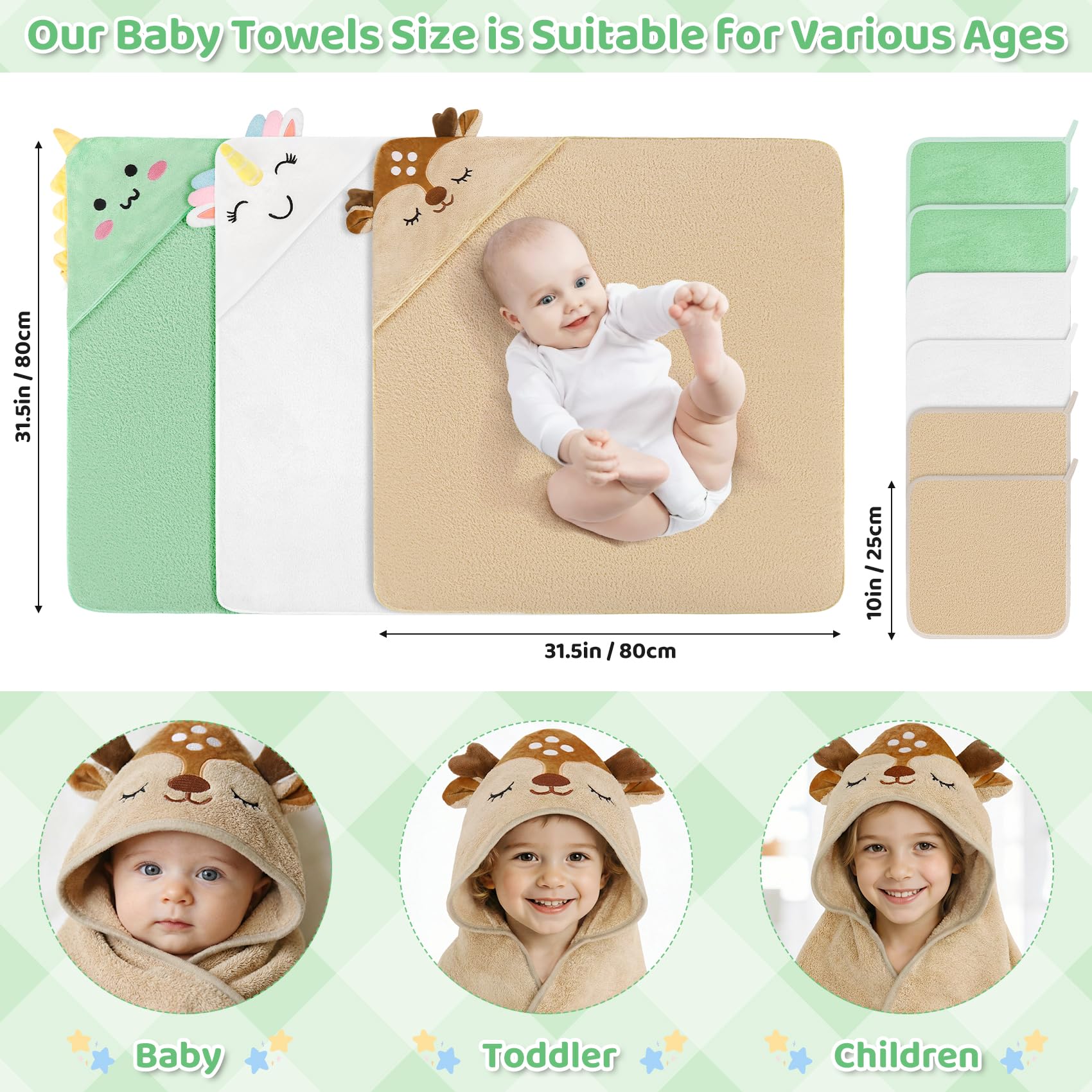 9 PCS Baby Bath Towels for Newborn Essentials (Dinosaur, Unicorn, Bear) view 2