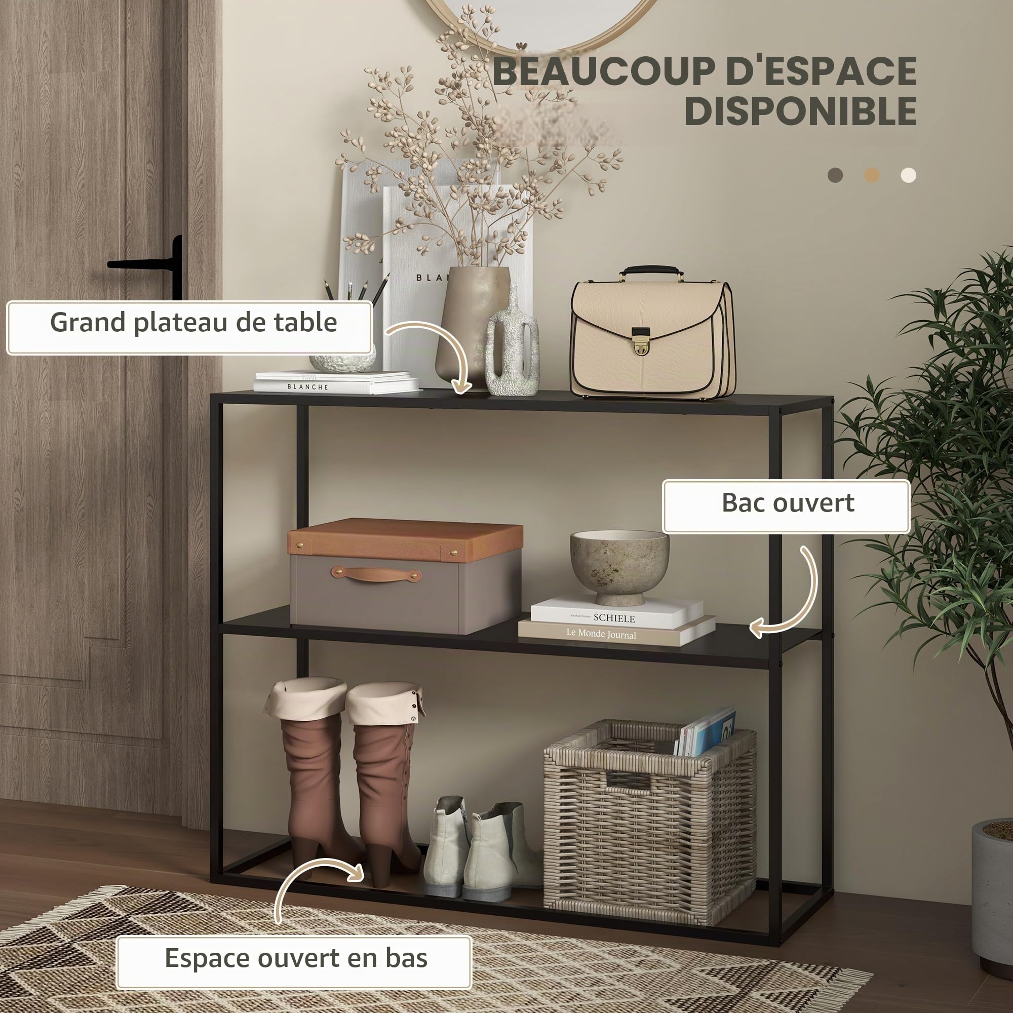 HOMCOM Table Console 2 Étagères Cadre Acier Salon 90 x 30 x 75 cm Noir