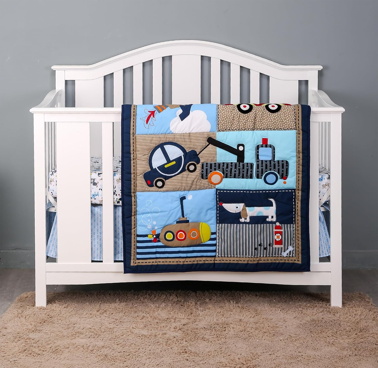 Blue Car Tow Truck Submarine Rocket Nursery Crib Bedding Set for Boys 1 Quilt 1 Fitted Sheet 1 Skirt Embroidery Car Baby Boy Bedding Set for Standard Crib 28 x 52 in