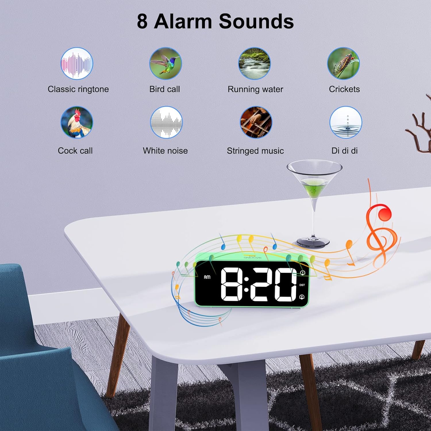 Icons representing 8 different alarm sounds available on the clock