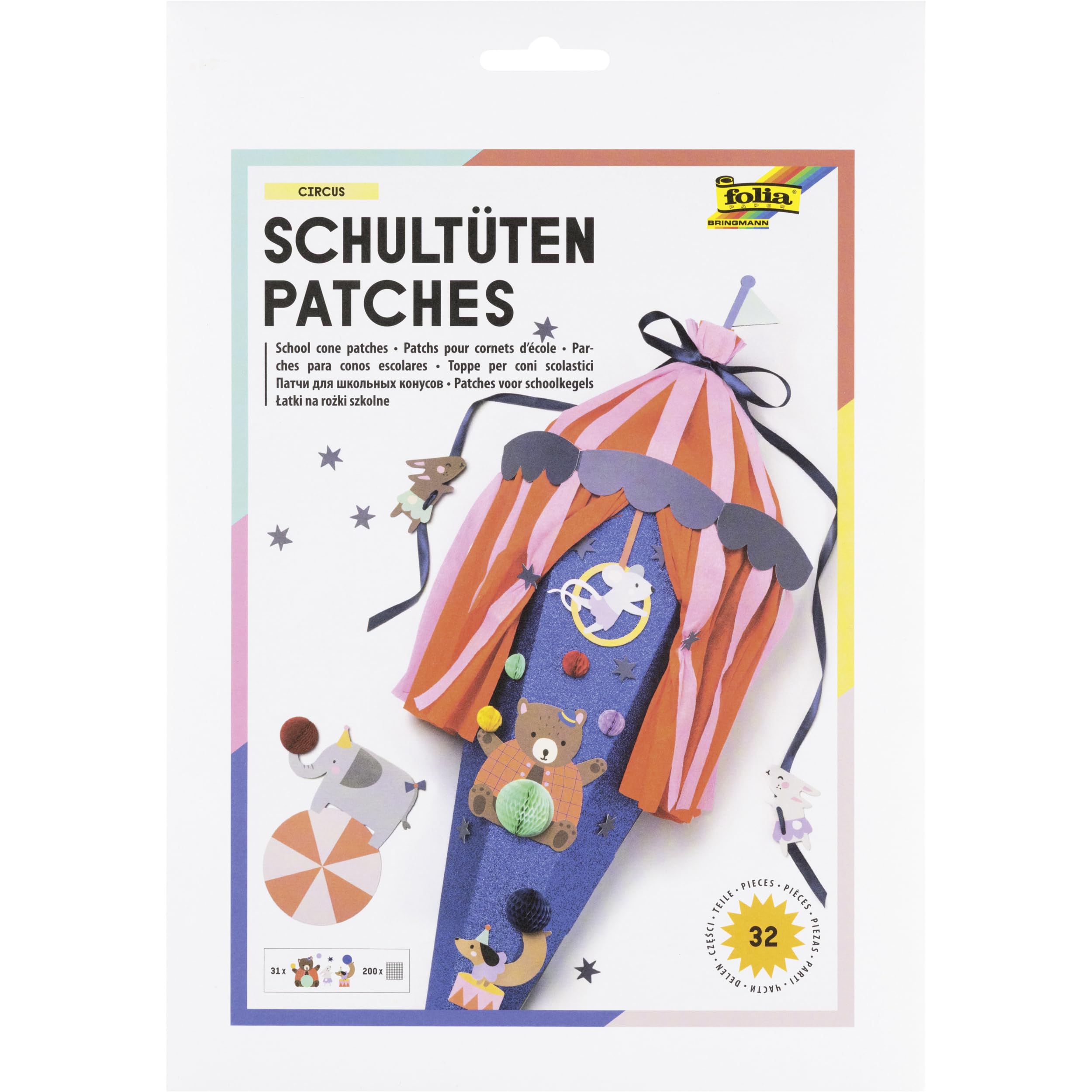 Folia 92213 School Cone Patches Circus 32-Piece Decoration Set with Honeycomb Ball Stickers and Decorative Patches, Includes Instructions and Adhesive Pads