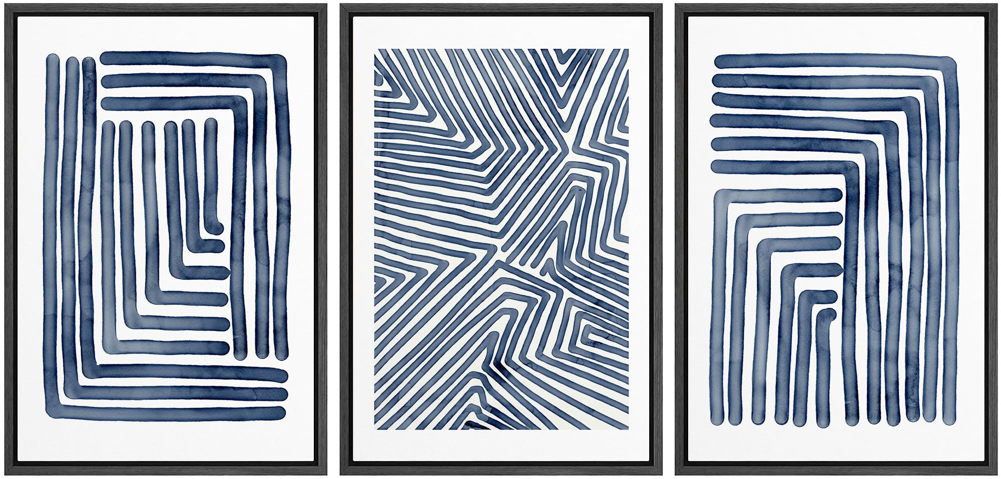 (similar)wall26 Framed Canvas Print Wall Art Set Navy Blue Stripe Polygon Pattern Collage Abstract Geometric Illustrations Decorative Bohemian Multicolor Mid-Century Modern for Bedroom - 16"x24"x3 Black