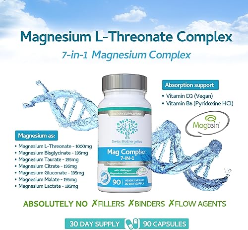 Miniatura 3 de Complejo de L-treonato de magnesio 7 en 1 con 1000 mg de magteína más magnesio como bisglicinato, taurato, citrato, gluconato, malato y lactato -