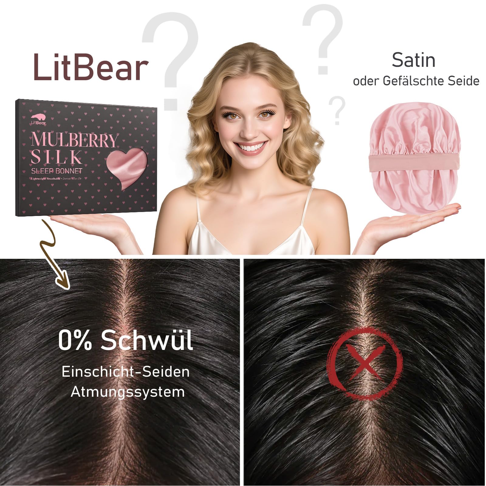 LitBear 22 Momme Seidenhaube zum Schlafen - Schlafmütze aus 100% Maulbeerseide, 100% Silk Bonnet mit elastischem Band, atmungsaktive und verstellbare Schlafhaube für lockiges Haar
