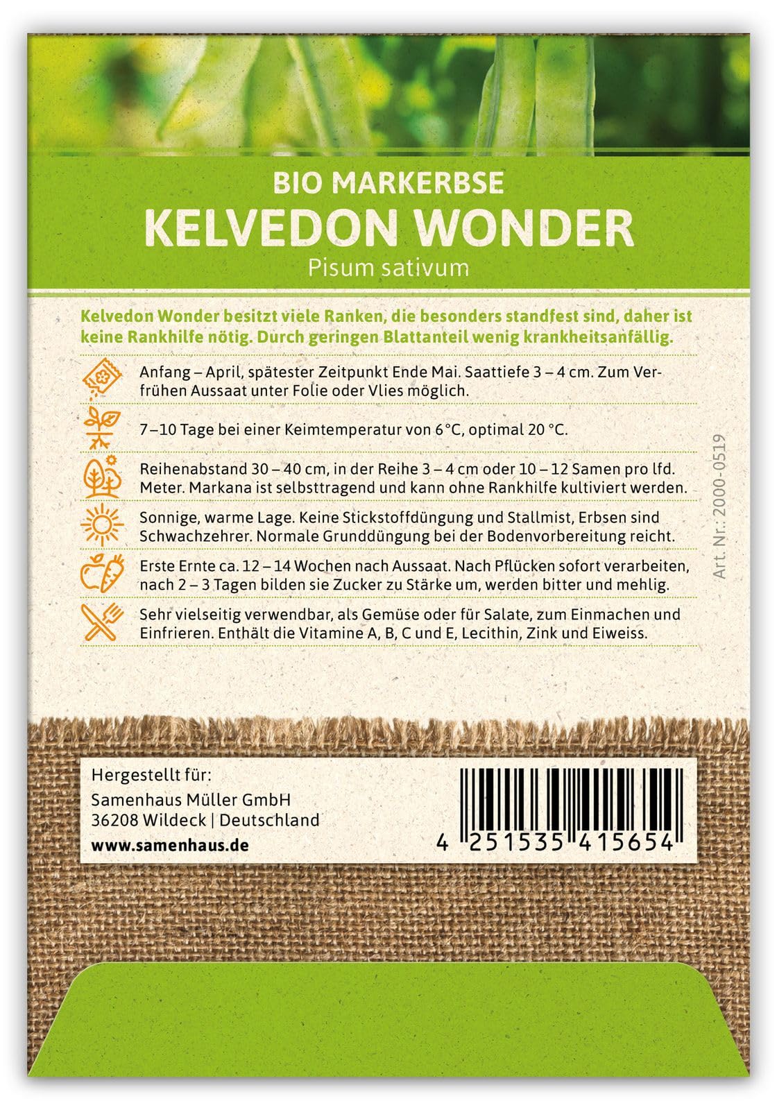 FLORTUS 2000-0519-100x Markerbse Kelvedon Wonder (100 Stück) (BIO Erbsensamen)