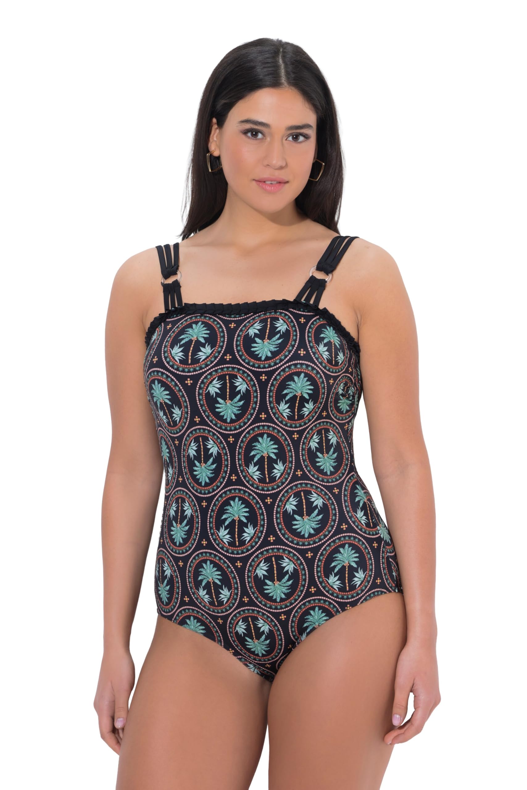 Ulla Popken Damen große Größen Übergrößen Plus Size Badeanzug, Palmen, Softcups, Rundhals, recycelt 846447