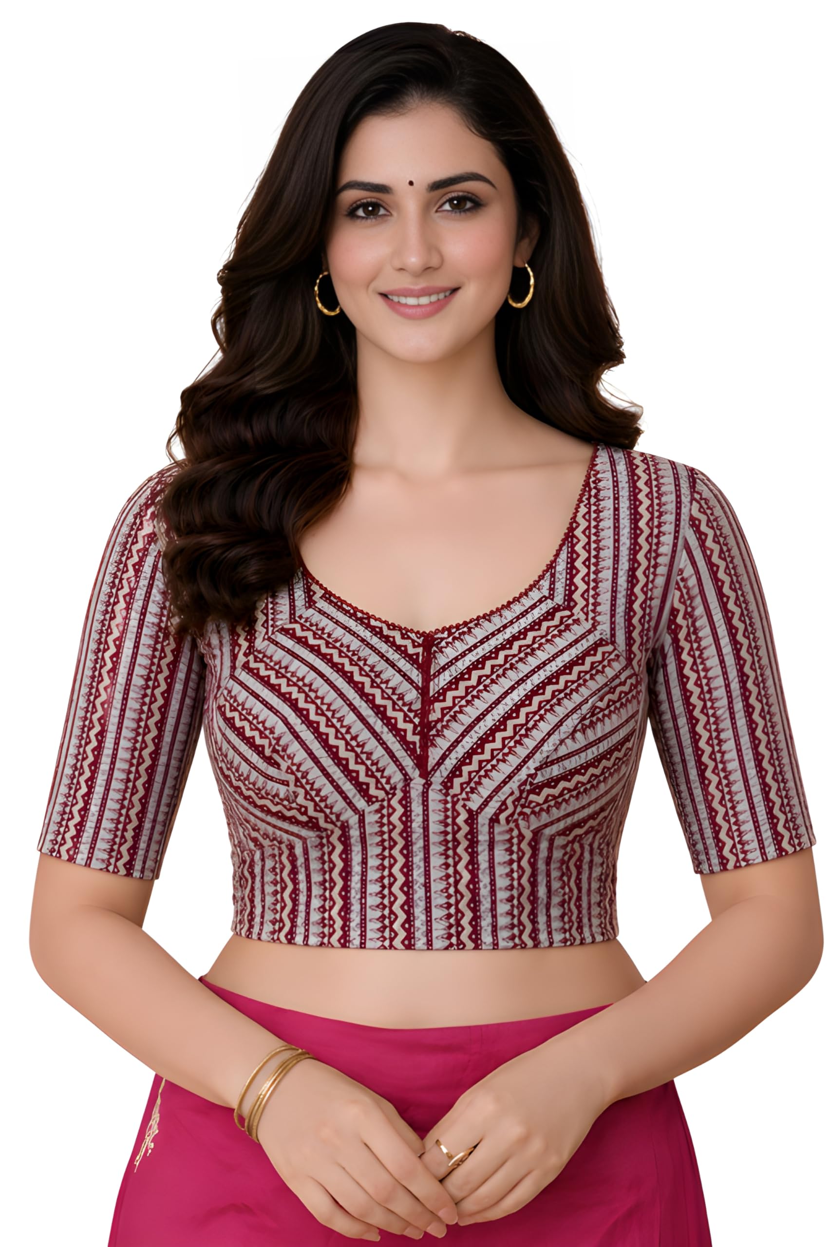 amazon brand - anarva Women's Stretchable Cotton Printed Saree Blouse | Katori Cut Pattern | U-Neck Elbow Sleeve Readymade Ethnic Blouse for Traditional Office Wear-picture-26