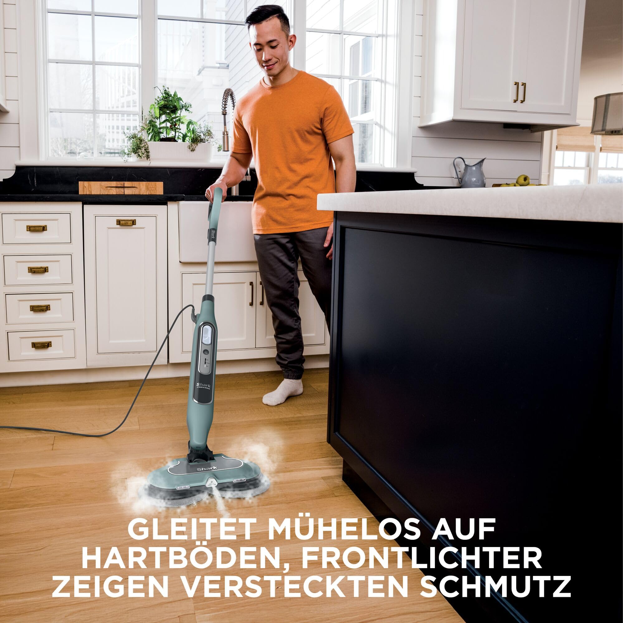 Shark Dampfreiniger Mop, automatisch, mit Steam Blaster, 6 Schmutzfänger-Pads, 3 Dampfstufen, bei Flecken und Schmutz, hygienische Reinigung für versiegelte Hartböden, 8m Kabel, Salbei-Grün, S8201EUCP