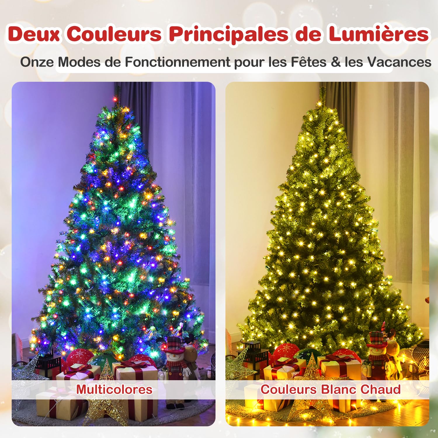 GOPLUS Sapin de Noël Artificiel Lumineux 180 CM, LED Lumière 4 Couleurs et Blanche Chaude, 11 Modes d’Éclairage, Feuilles en PVC, Support en Fer, Vert