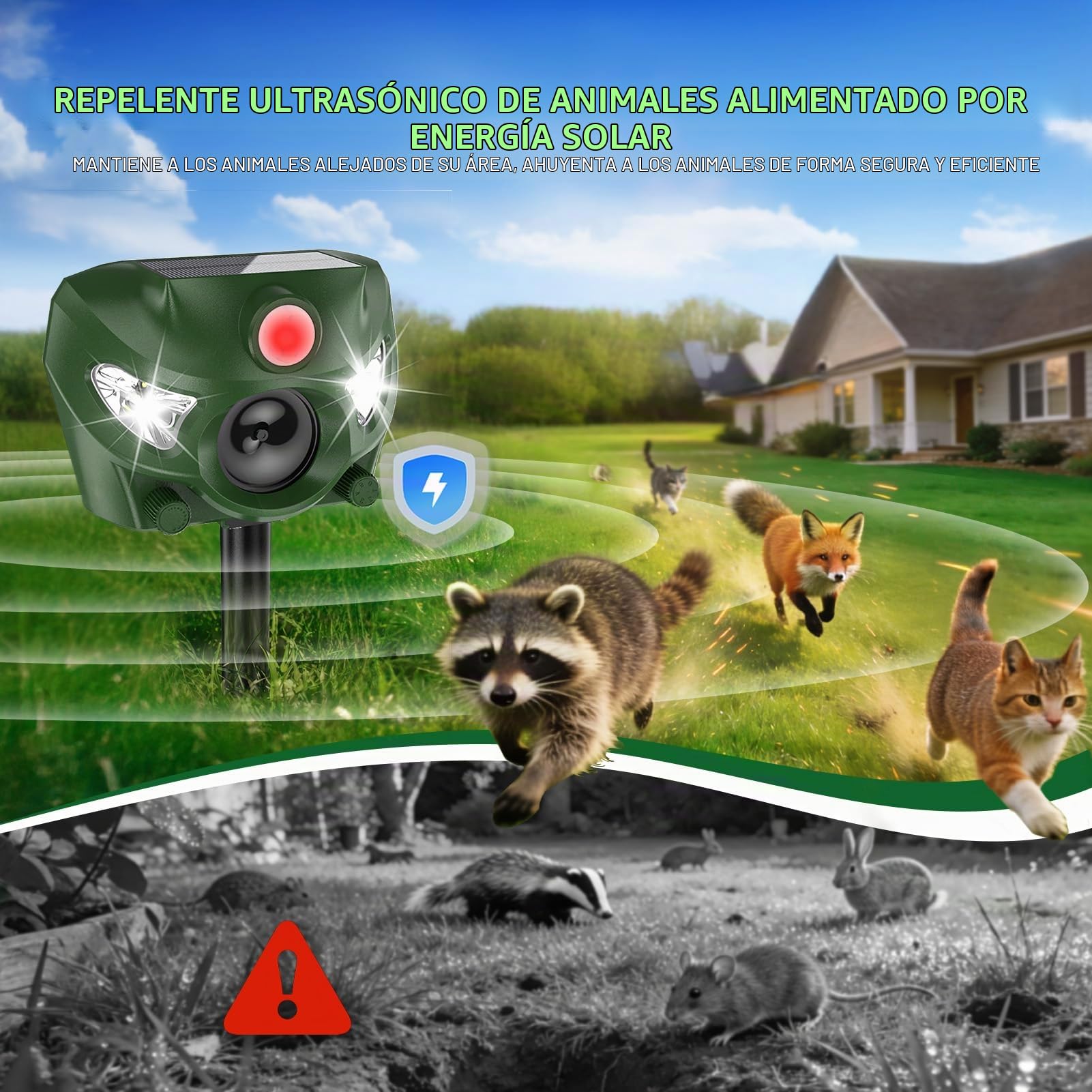 Repelente Gatos, 5 Modos Ahuyentador Gatos para Jardines, 26 Pies Ahuyentador Gatos con Alarma y Luces Intermitentes, para Perros, Ciervo, Zorro, Pájaro, Conejo, Ardilla