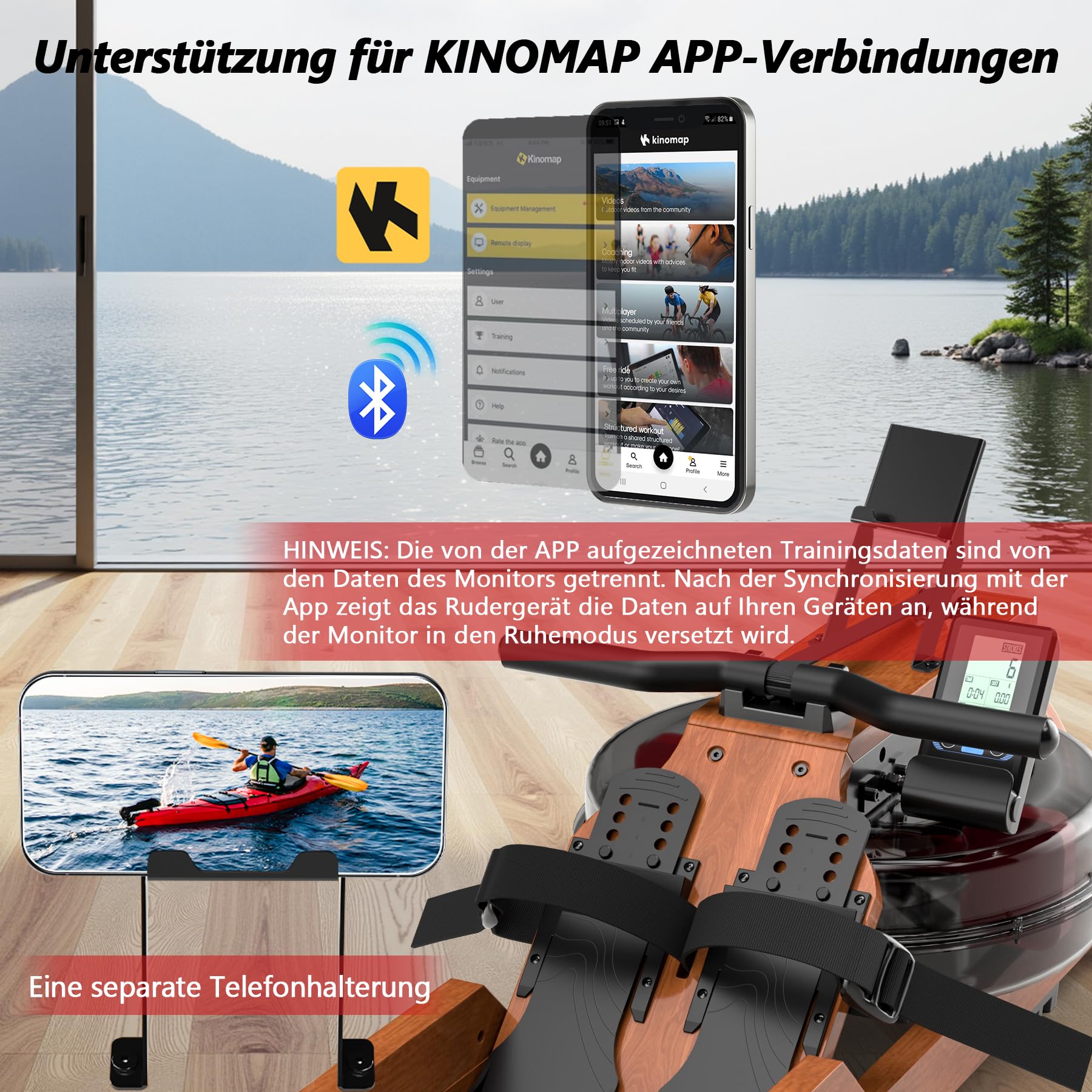 Wenoker Wasser Rudergerät für Zuhause aus FSC-Massiv-Eiche -180° Klappbares | Bluetooth & Kinomap App Anbindung, 6 Widerstandsstufen, Dual Slide Rail, 98% Vormontiert, 150kg Belastbarkeit