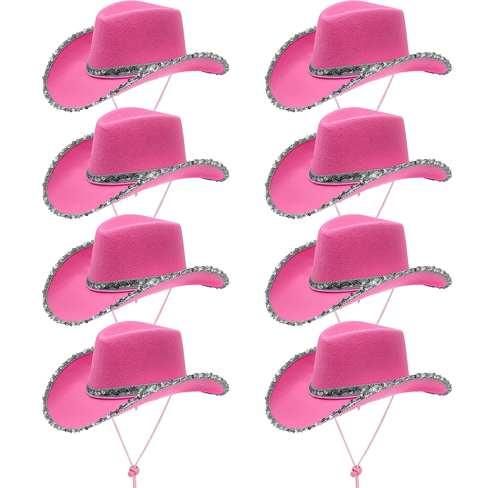 ASMIZ 8 Pack Pink Sequin Cowboy Hat Bulk Western Cowgirl Hat for Women Texan Country Cow Boy Party Hats for Adult Fancy Dress, Hen Party, Birthday Party