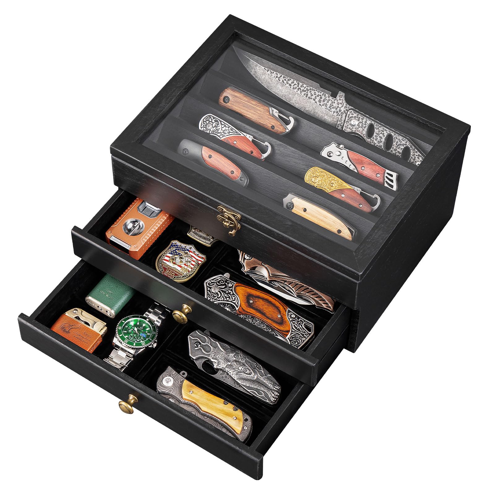 3 Étages Présentoir à Couteaux, Grande Vitrine à Couteaux pour Plusieurs Pliants, Coffret Poignard en Bois avec Tiroir et Vitre Haute Définition, pour Collections, Cadeau （Noir）