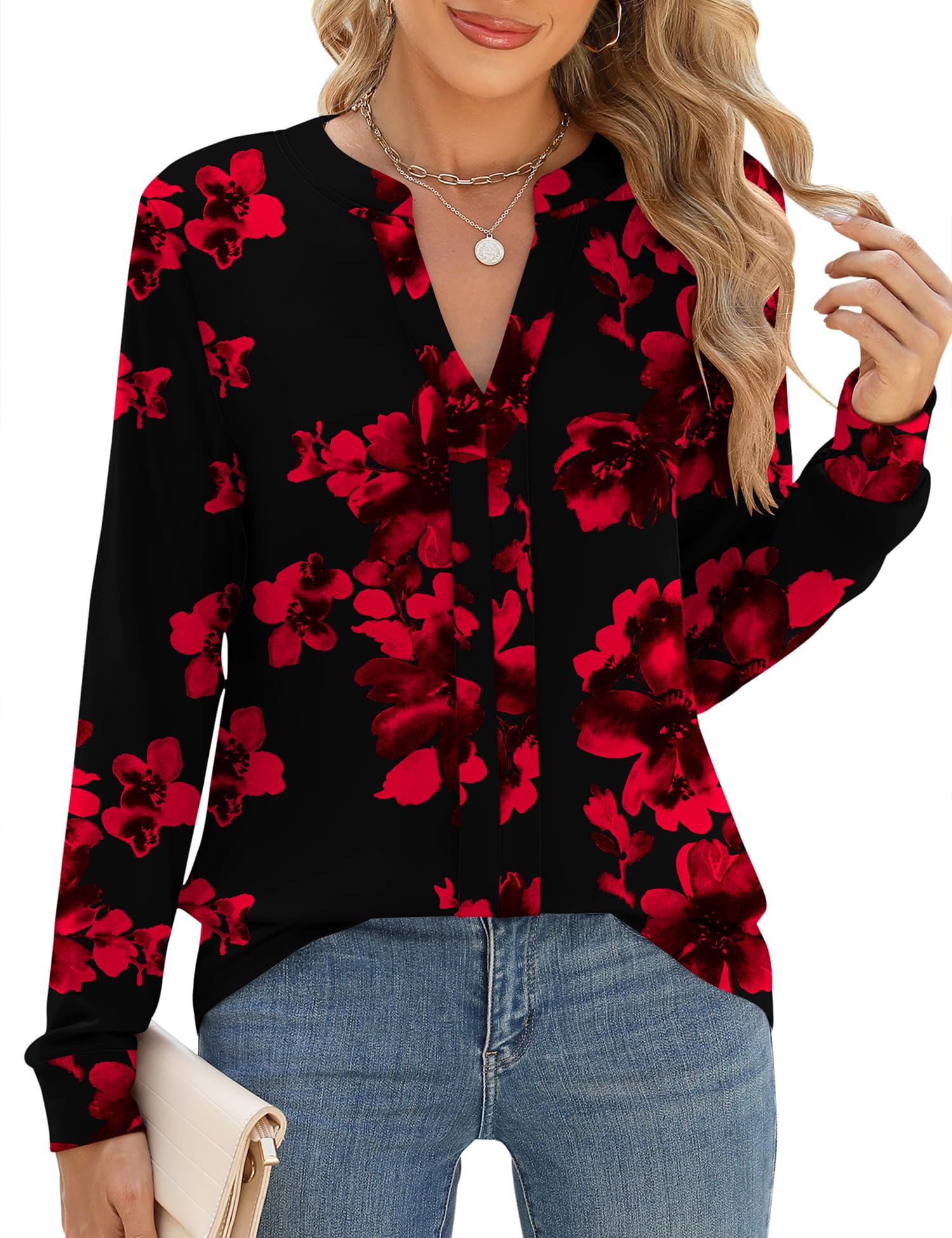 IECCP Bluse Damen Elegant V-Ausschnitt Herbst Oberteile Langarmshirts Casual Business Outfit Tops Blusen