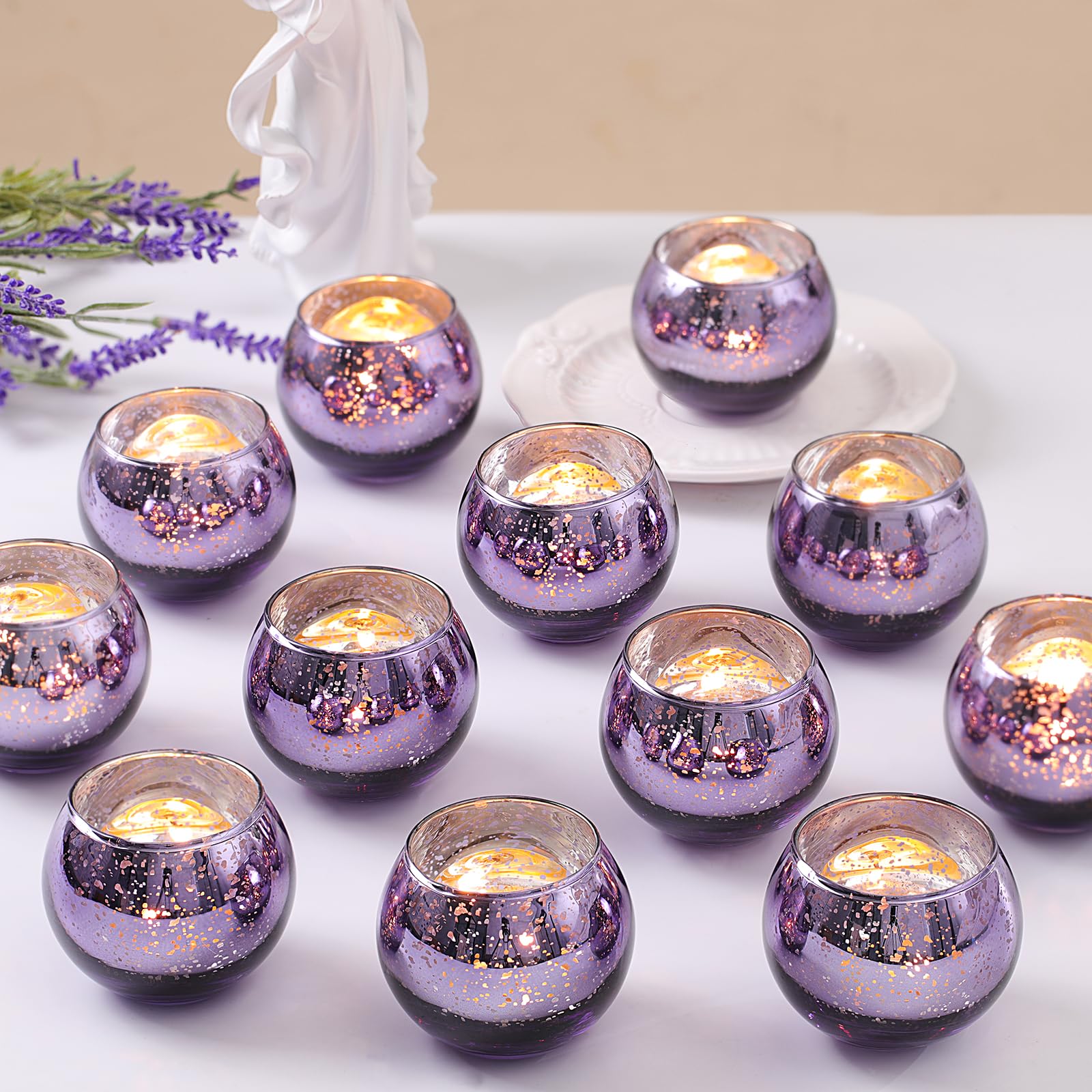 LETINE Purple Mercury Glass Votive Candle Holders - Set of 36 | Elegant Gold Tealight Candle Holders for Table Centerpieces, Weddings, Rehearsal Dinners, Halloween &amp; Thanksgiving Decorations Indoor